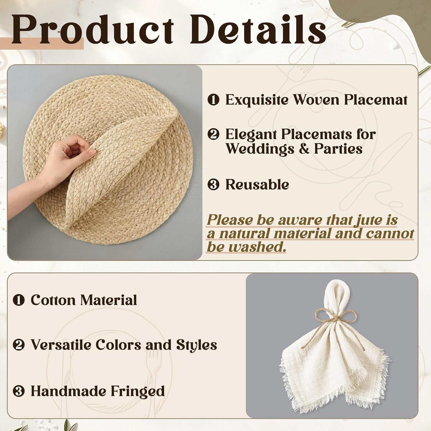 12 Sets Boho 13'' Round Woven Jute Placemat and Beige Cotton Fringe Napkins 1 Roll Jute Rope for Napkin Ring Rustic Farmhouse Charger Mat for Home Wedding Bridal Shower Dining Party Decor