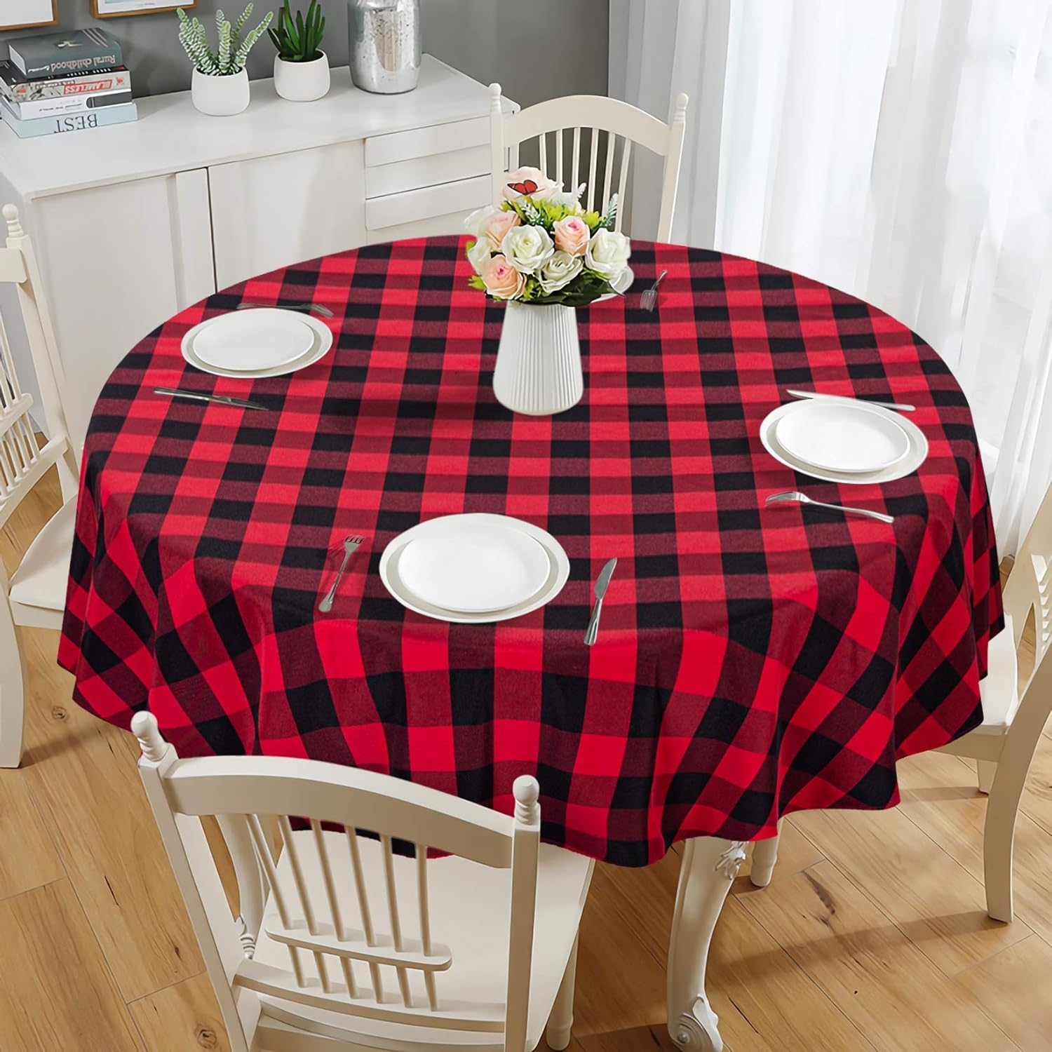 ThinkMaxRed Gingham Tablecloth Round Washable Table Cloth for Kitchen Indoor Outdoor Dining Table, 70inch Round