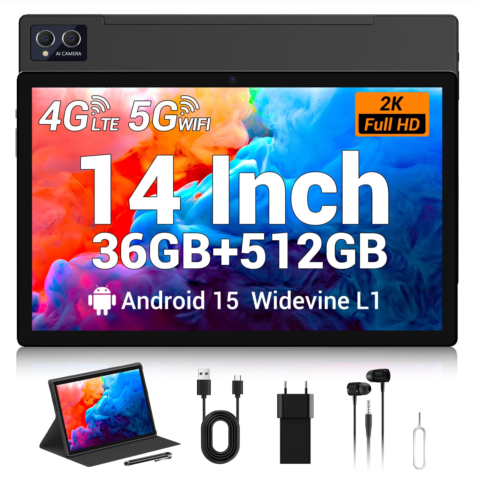 Tablet 14 Zoll Android 15 mit 36GB RAM+512GB ROM (1TB TF), 4G LTE+5G WiFi, 11580mAh|1920 * 1200 HD|Octa-Core|13MP+8MP|Face ID|BT 5.0|3.5mm Jack, Tablet mit Hülle+Stift, Schwarz