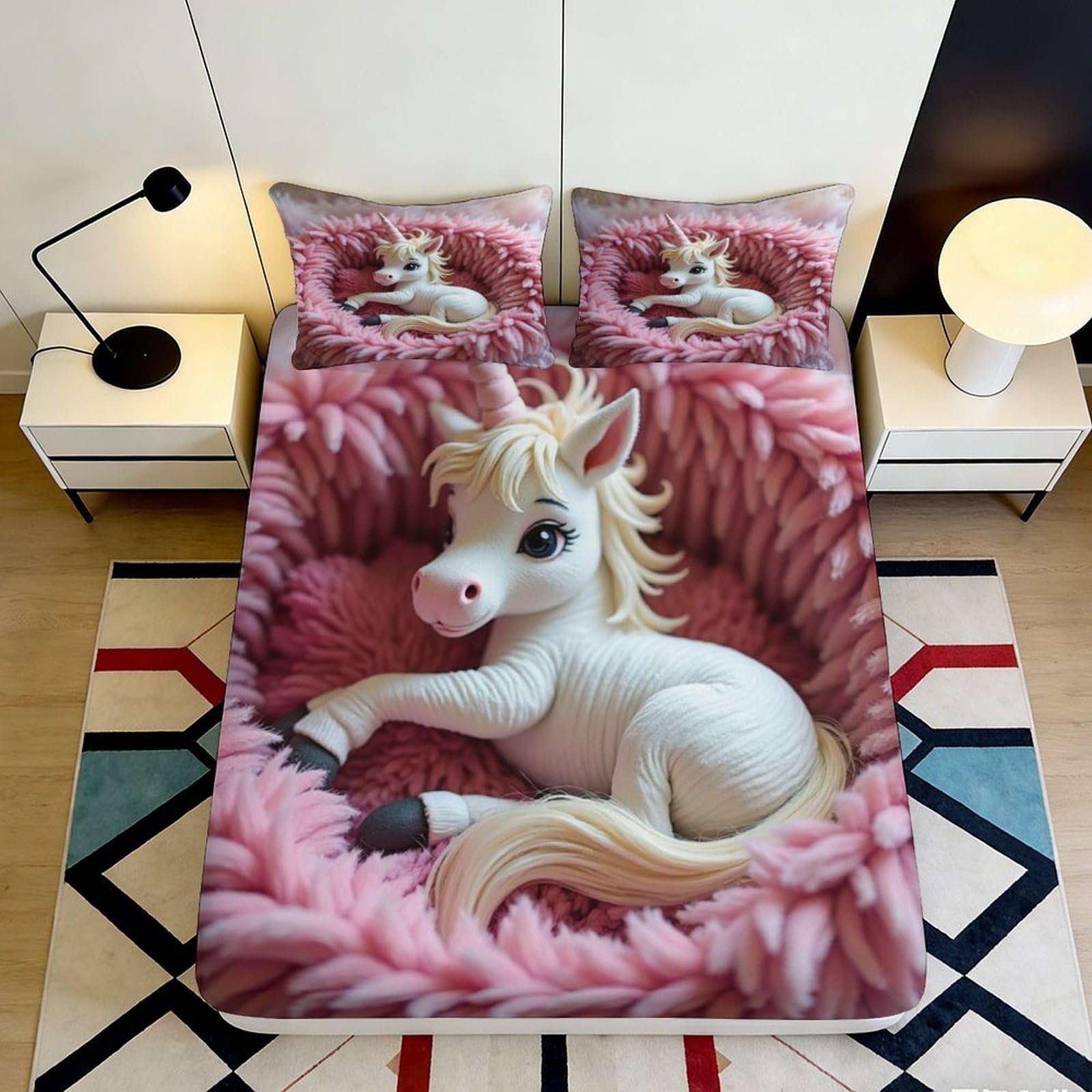 3D Printed Cute Unicorn Fitted Sheet Microfiber Pink Fantasy Bed Cover for Bedroom Guest Room Easy Care Decor 90x200x25cm
