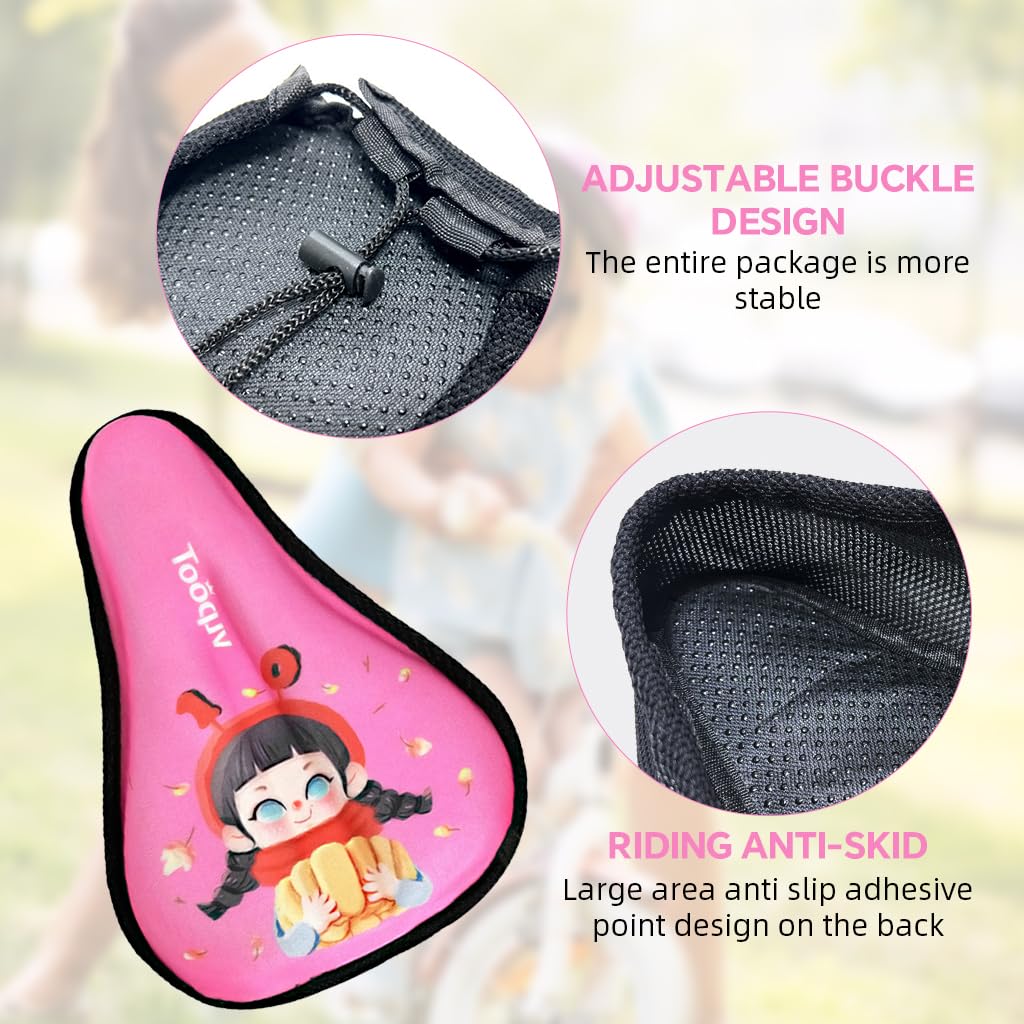 PROBEROS Kids Cycle Seat Cover, Gel Memory Foam Cushion, S Pink, Drawstring 2