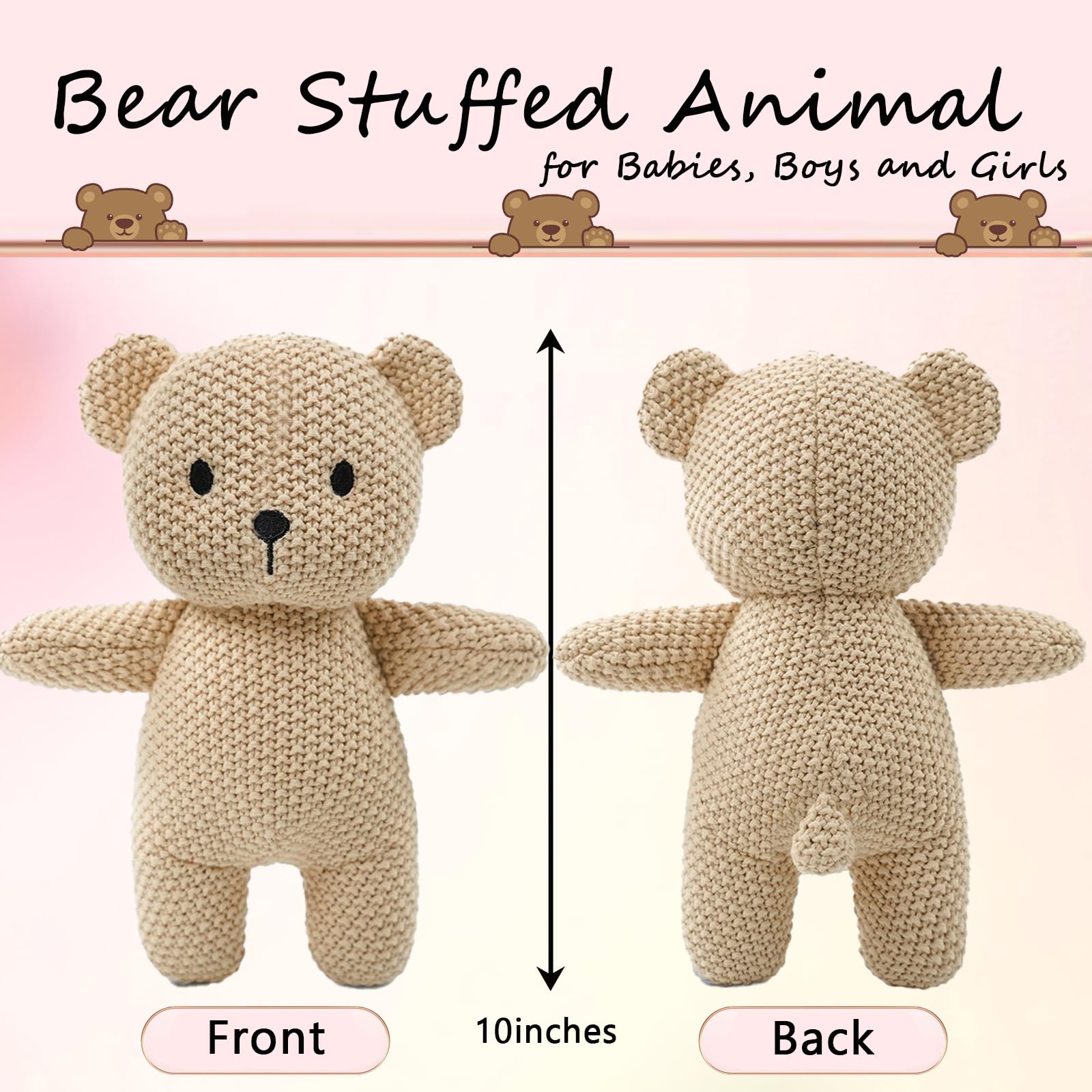 2 Pack 100% Baumwolle Baby Plüsch Stofftiere Niedlich Kaninchen und Teddybär Gestrickte Plüschtier Geschenke für Kinder und Neugeborene, Handgemachte Häkelpuppe für Weihnachten, Ostern (Hase