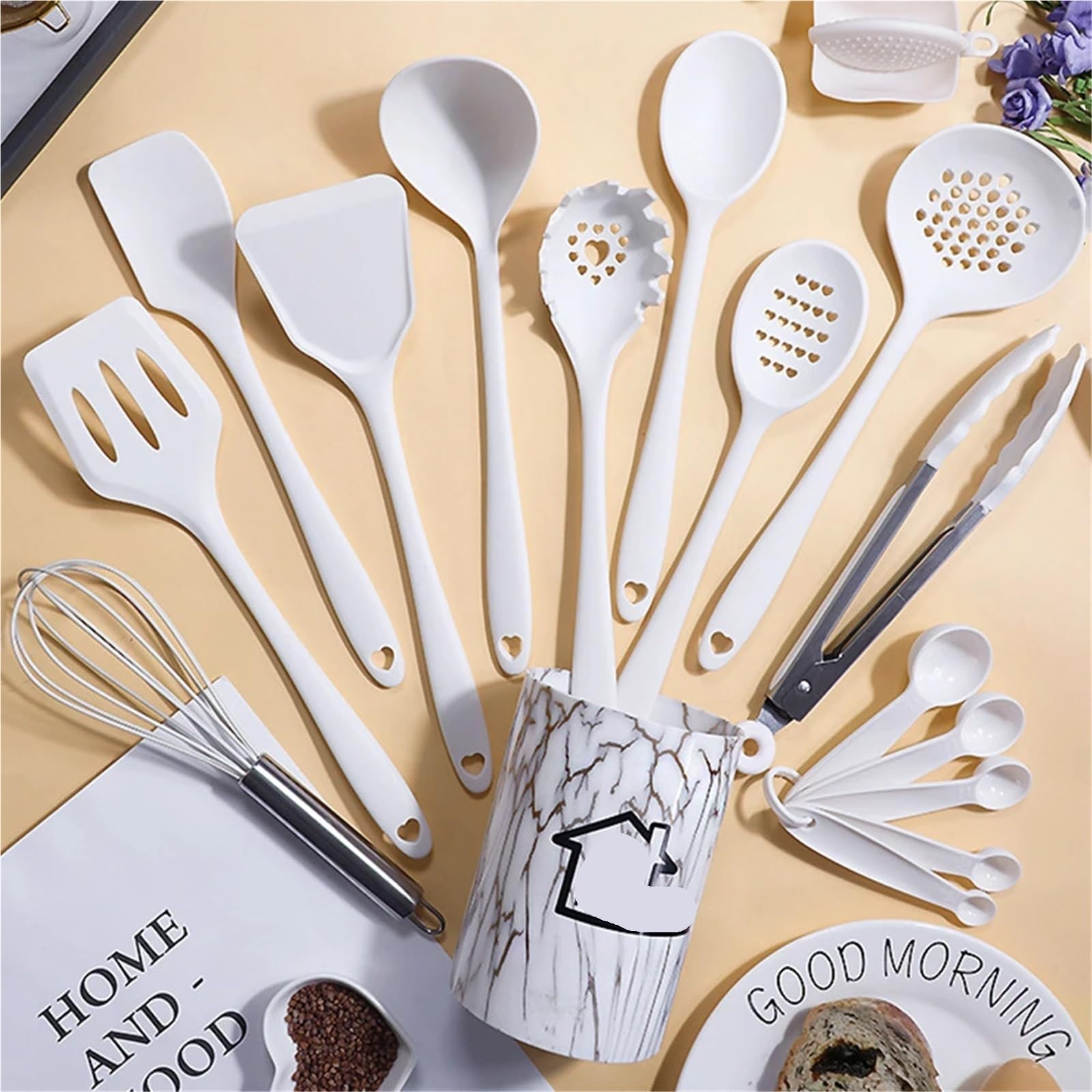 Set Utensili Da Cucina In Silicone Rosa 18 pezzi utensili da cucina in silicone alimentare spatola Turner misurino pratico(White)