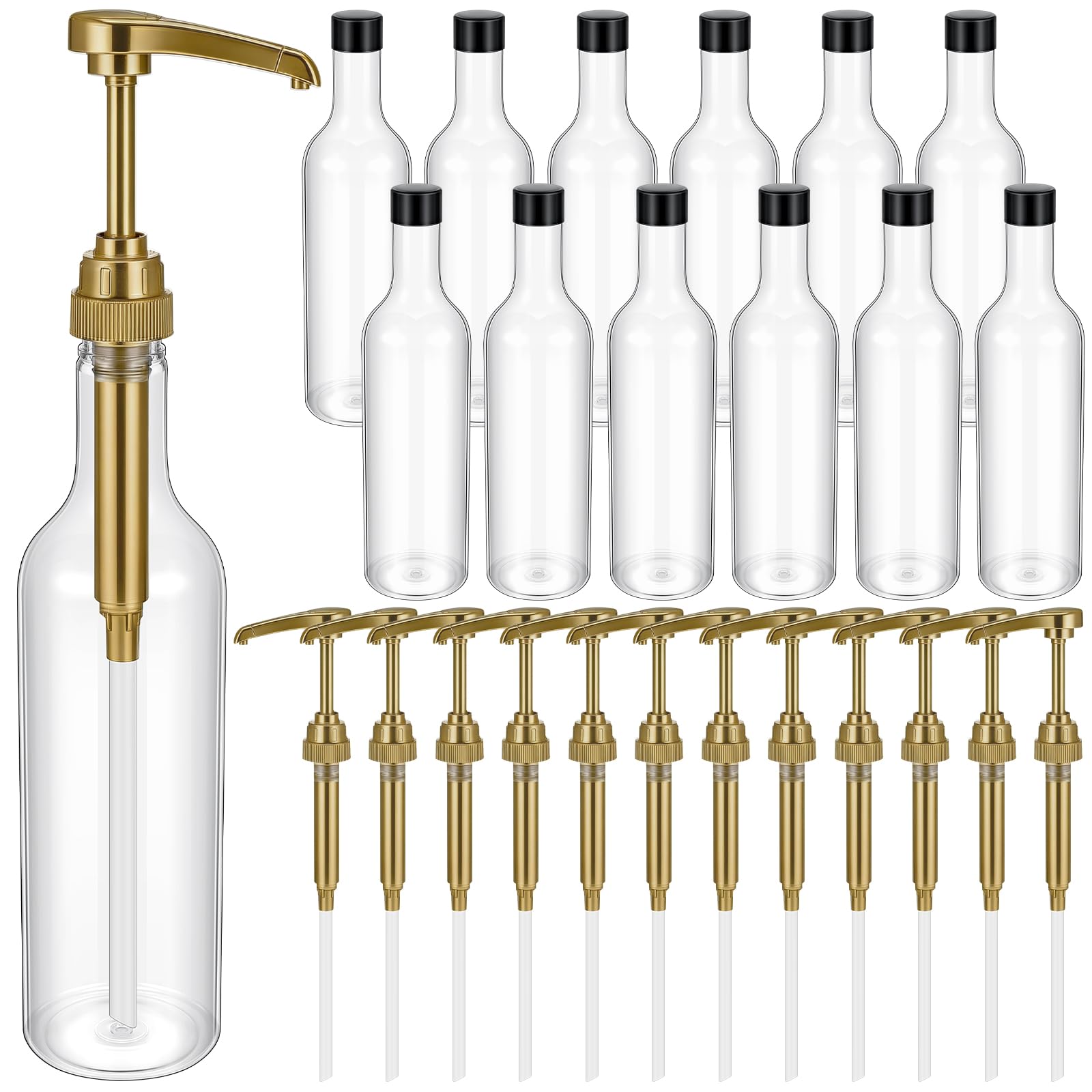 Maxdot 12 Pcs 25 oz Plastic Syrup Bottles with Pump Syrup Dispenser, Gold
