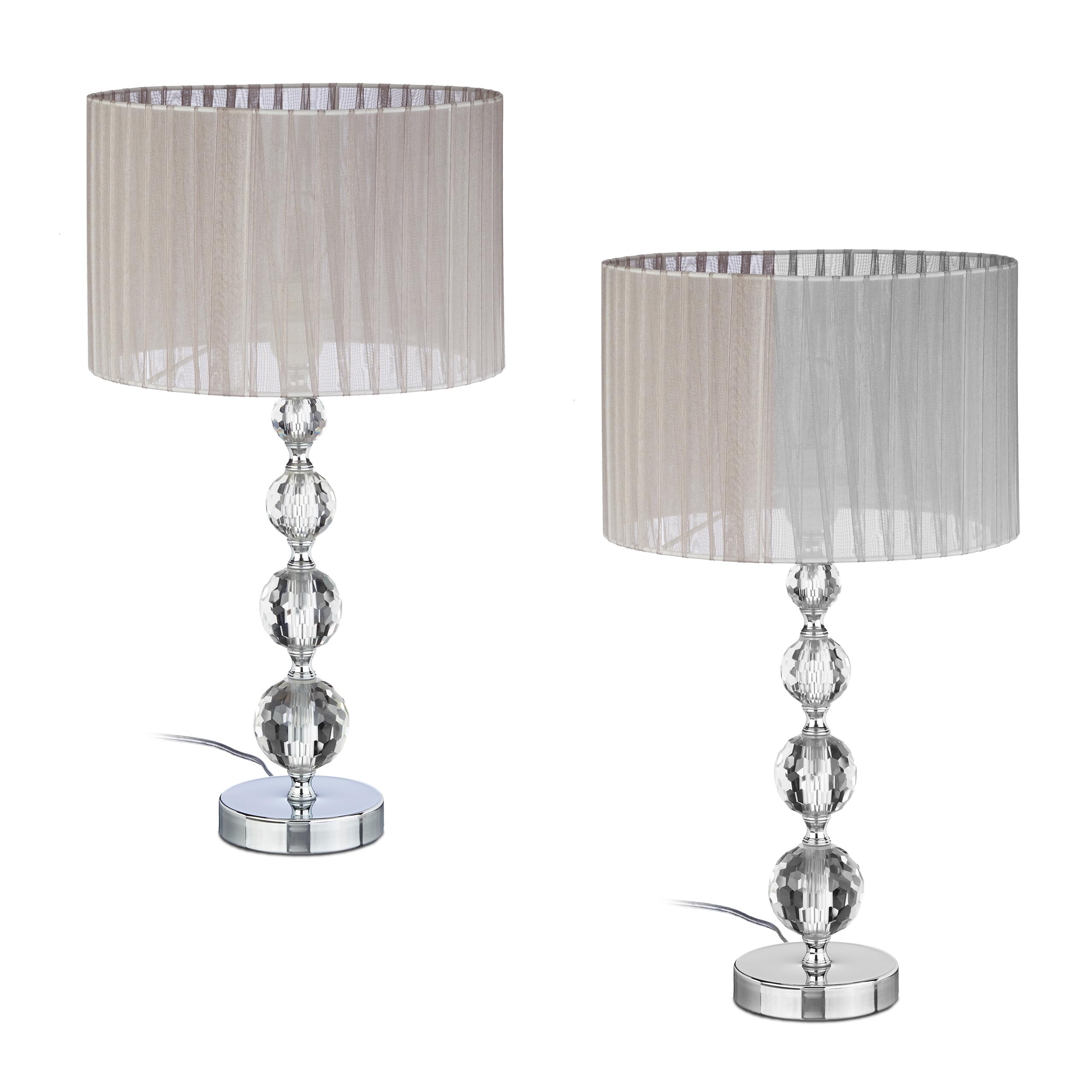Relaxdays Tischlampe, 2er Set, Glasfuß, Stoffschirm, E27, HxD 53 x 29,5 cm, Nachttischlampe Kristalloptik, grau/Silber