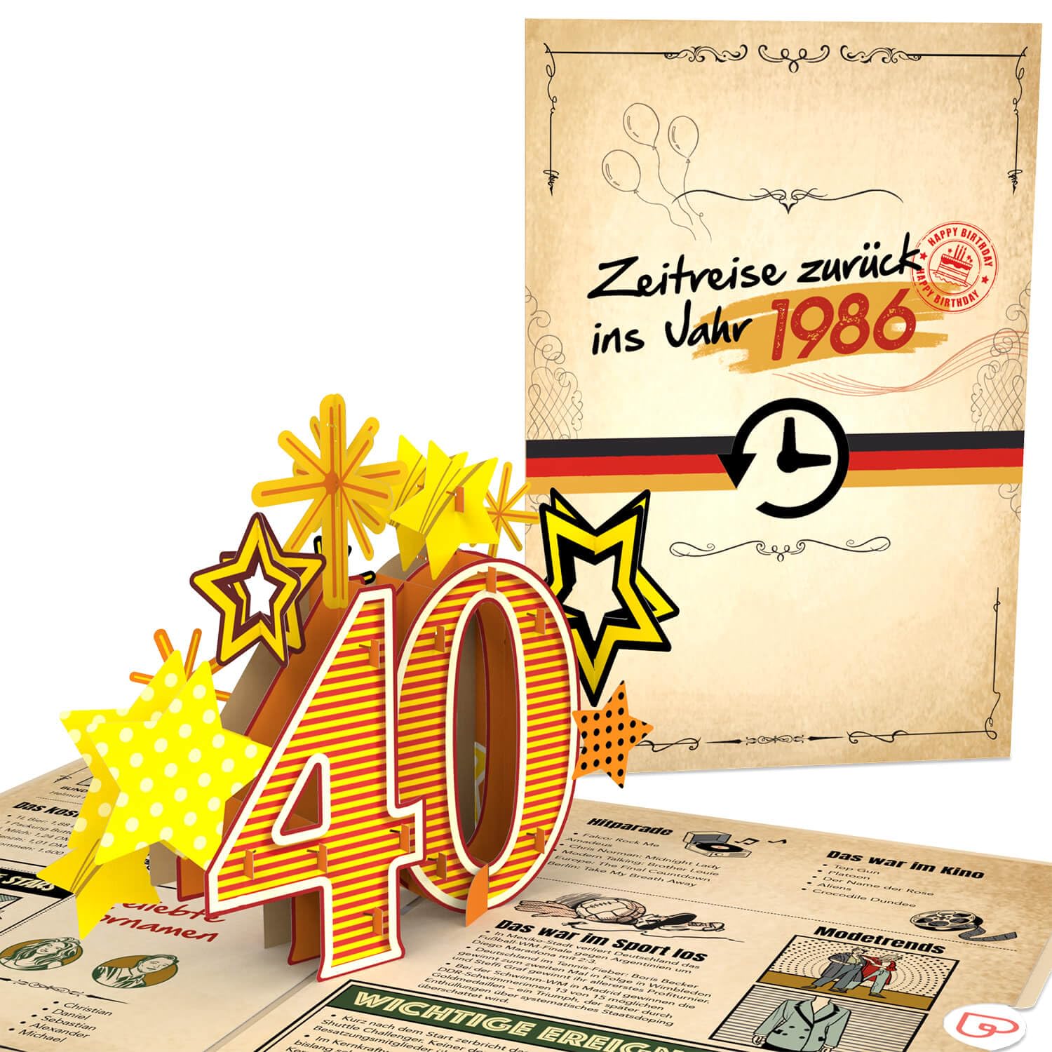 papercrush® Pop-Up Karte „Zurück ins Jahr 1986“ - Lustige 3D Geburtstagskarte zum 40. Geburtstag für Frau & Mann - Besondere Glückwunschkarte 40 Jahre mit lustigen Fakten zum Jahrgang