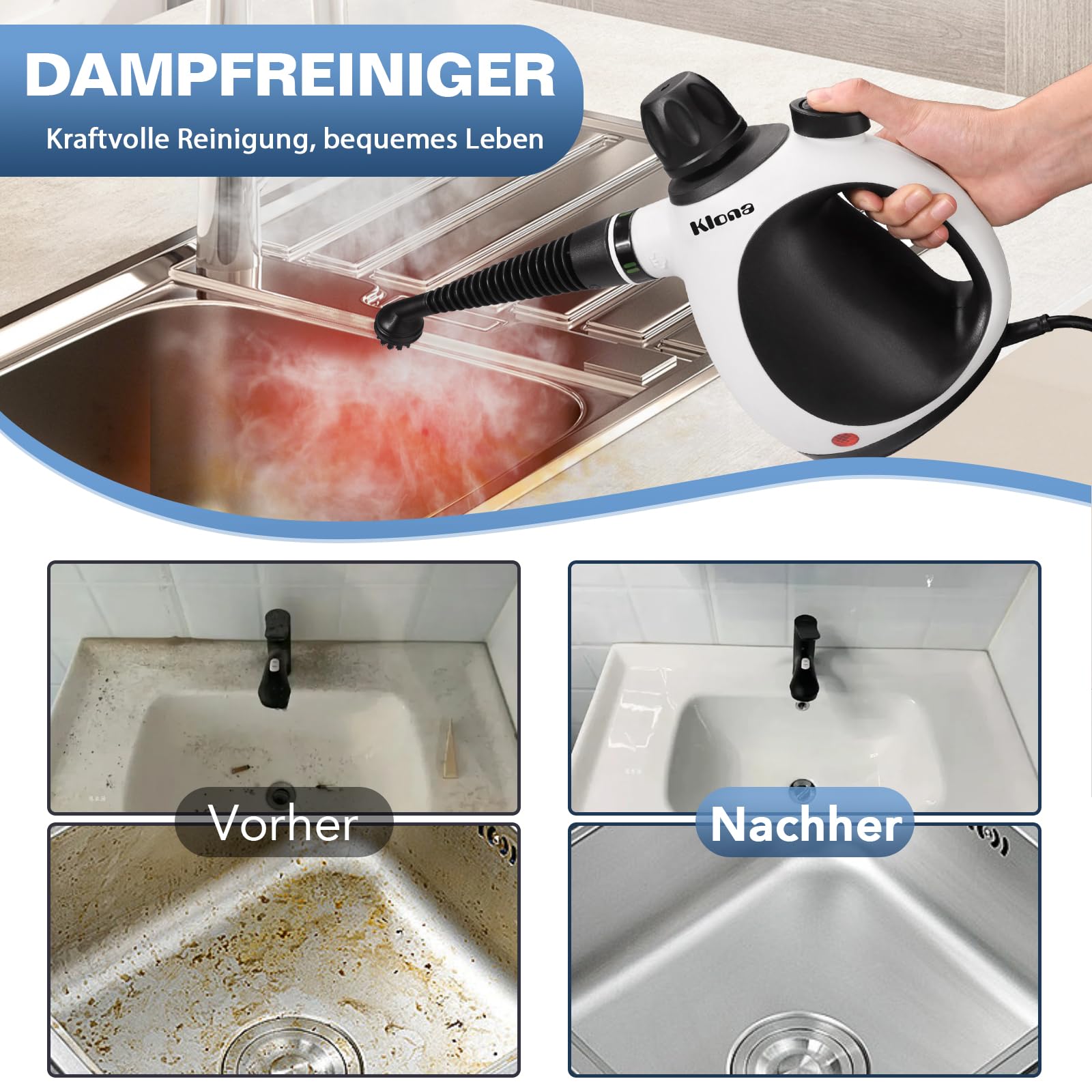 KLONA Dampfreiniger Handgerät, Steam Cleaner mit 10 Zubehör | 3 Min Schnellheizung | Tank: 350 ml | chemiefrei | Kindersicherung | Steam Cleaner | für Fliesen, Fenster, Polster, Bad