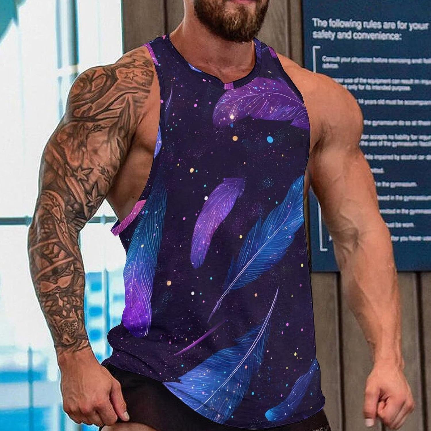 Colorful Star Feather Men Tank Top Workout Shirt Muscle T Shirt 5XL