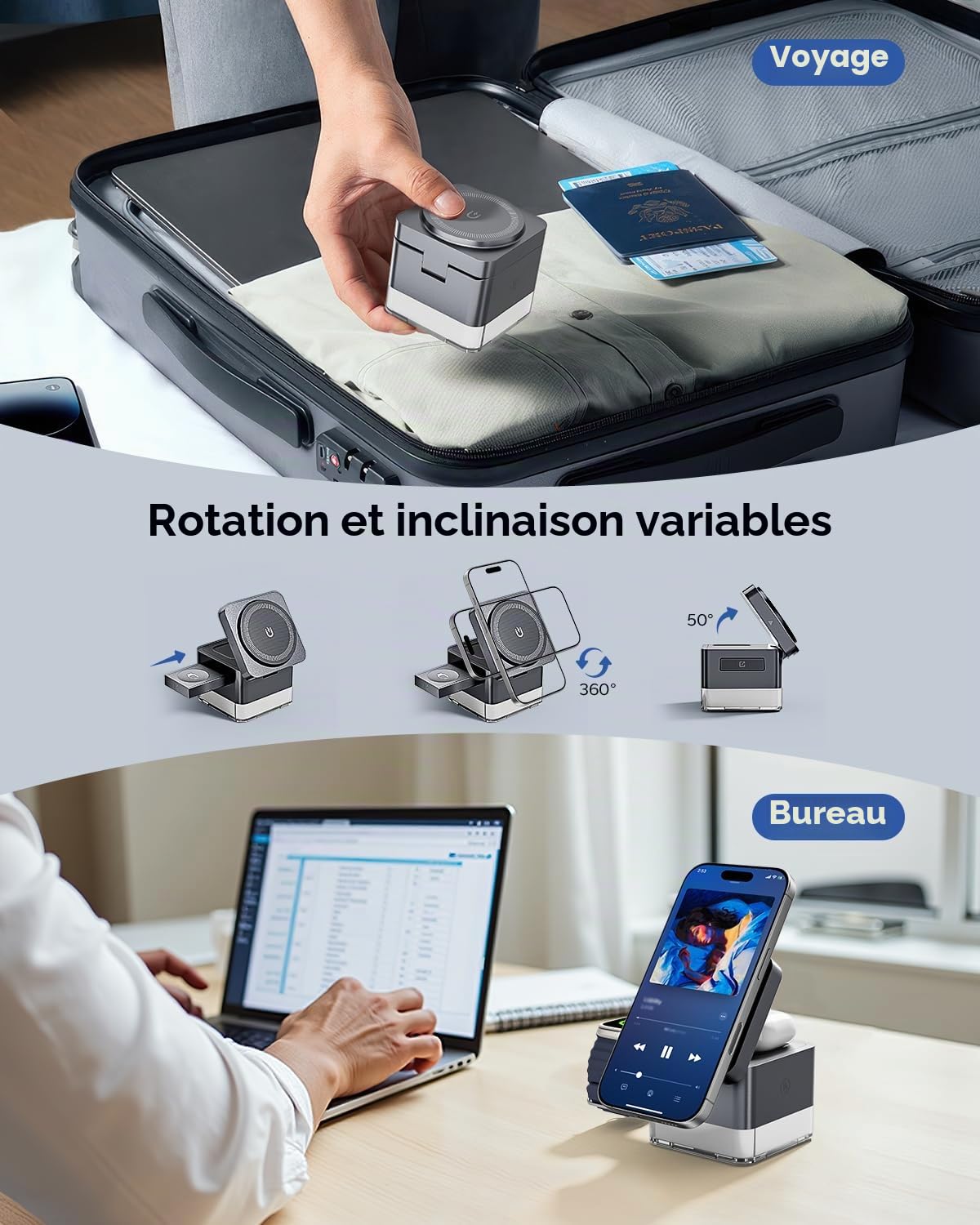 KPON Station de Charge pour iPhone et Apple Watch, Station de Charge iPhone 4 en 1 Cube Pliable avec Charge Rapide 15W et veilleuse, Chargeur Compatible avec iPhone