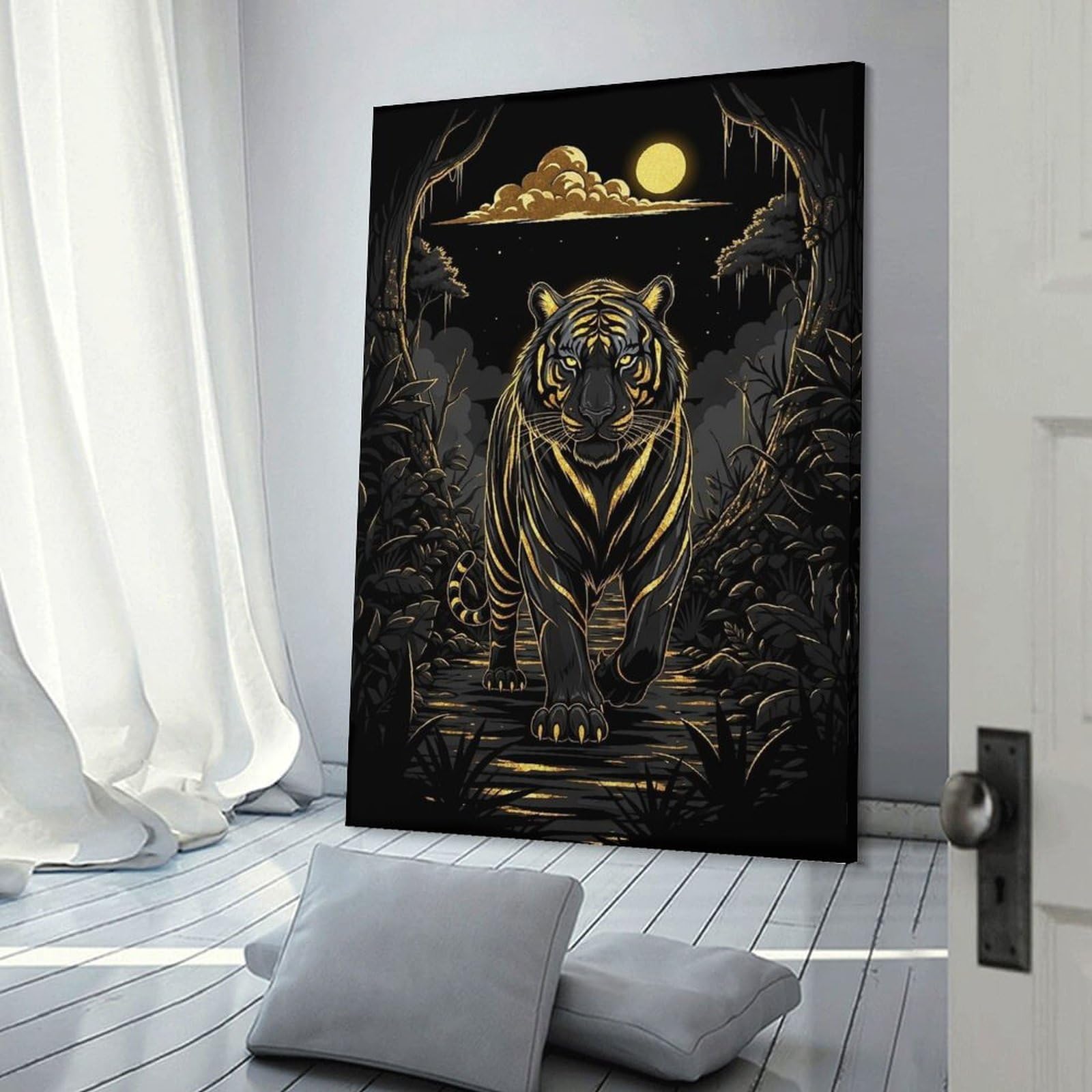 Junmoney Frame-Style-3-1 Wall Picture Print Golden Tiger In Moonlit Jungle, 16X24inch(40X60cm), For Wall Displays, Bedrooms Or Room Updates, Wall Decor Suited To Curated Displays