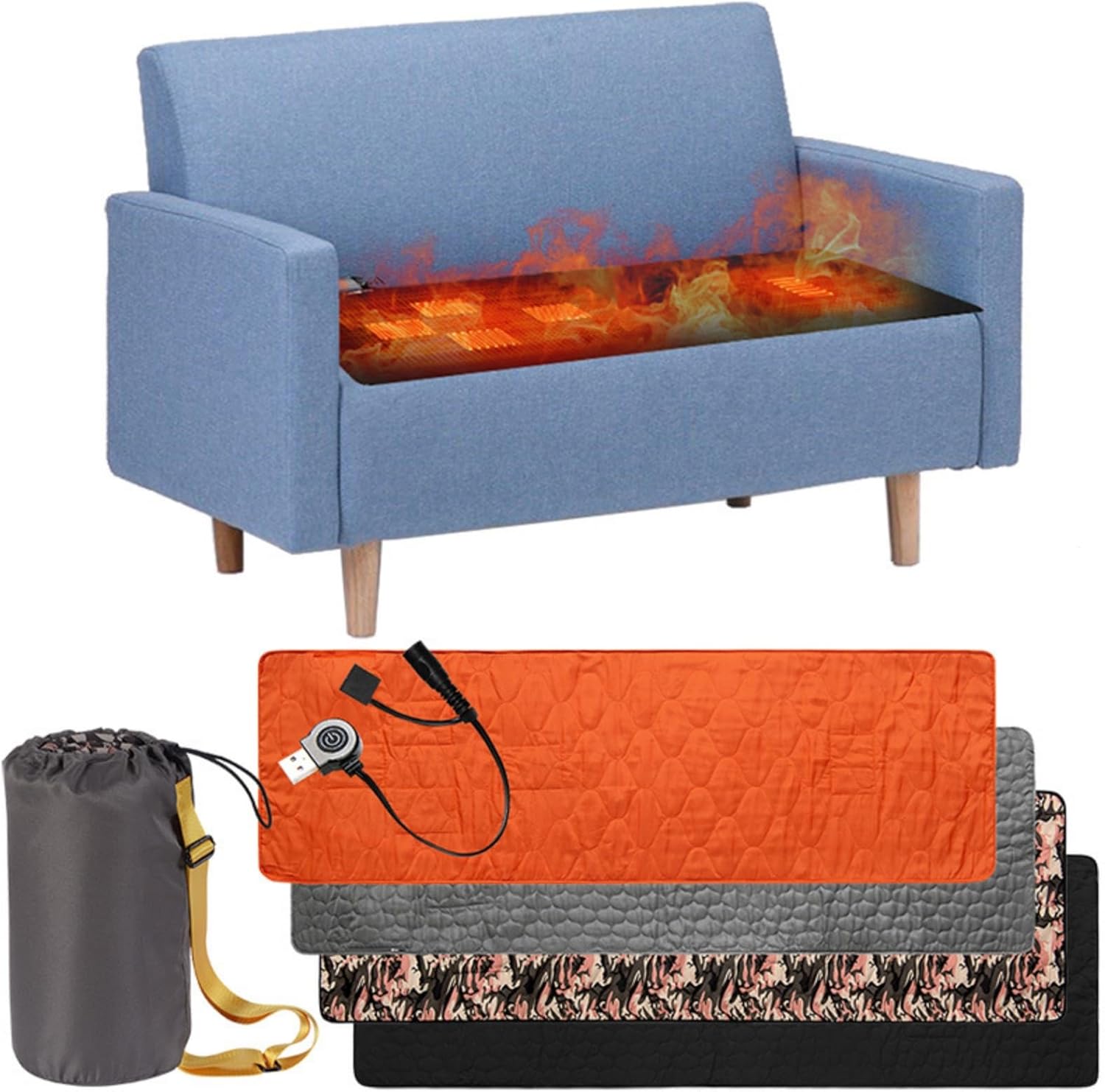 INTHEGO Heated Sleeping Bag mat Blanket Electric for Camping Queen Size，Cotton Heating Portable pad ，5 Heating Zones,USB Battery Operated,Seat Cushion with Fast Heat