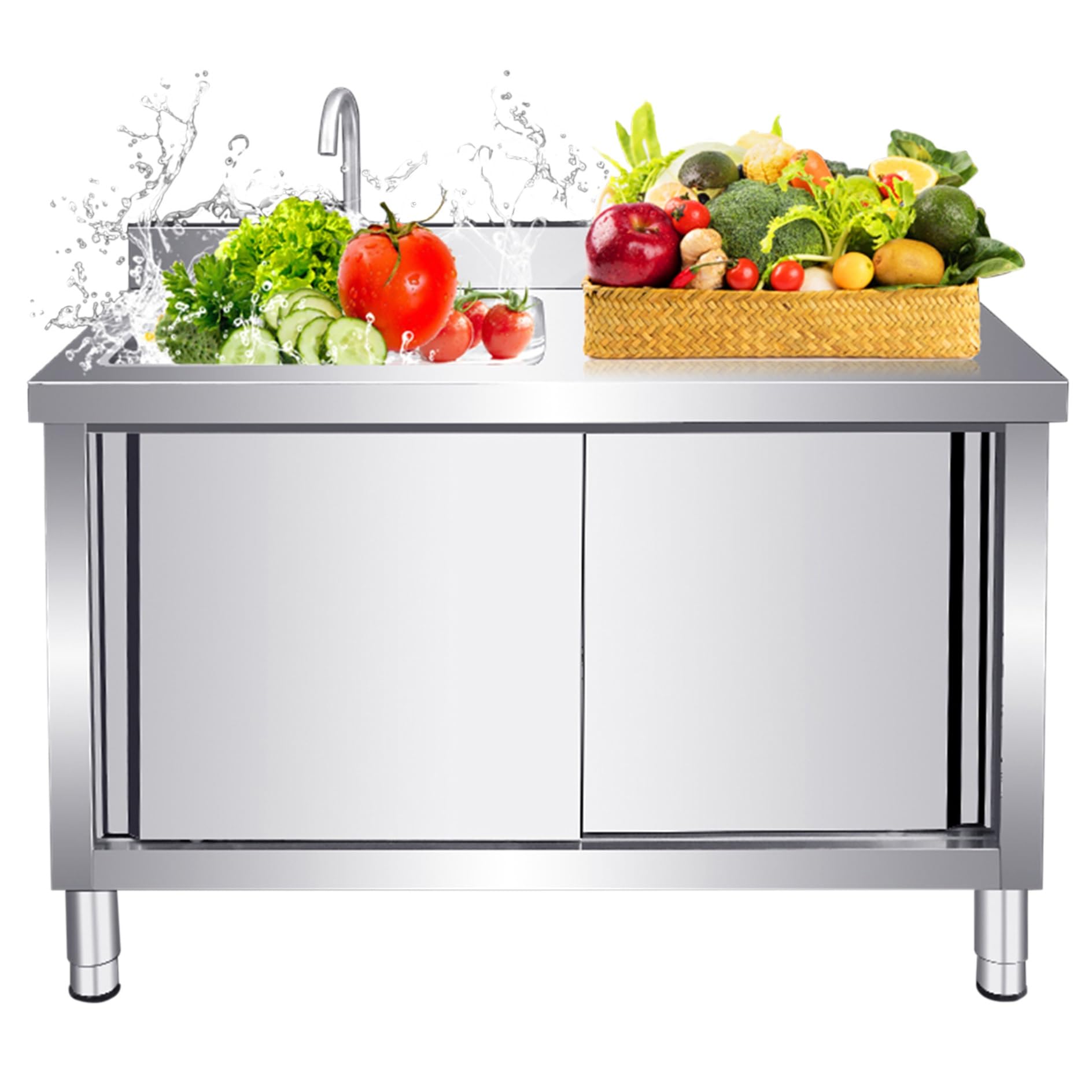 ZYCHSJXA Stainless Steel Outdoor Kitchen Sink Freestanding Utility with Faucet Commercial Single Bowl Hand Washing Station Durable Workbench Storage for Backyard & Laundry