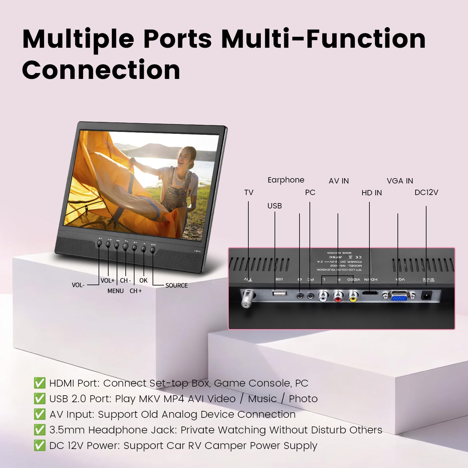 Jexiop Piccolo TV LED HD da 14 pollici, ATSC integrato, supporto doppio per montaggio a parete e desktop-HDMI-USB-AV IN-12 V/AC per camper e cucina