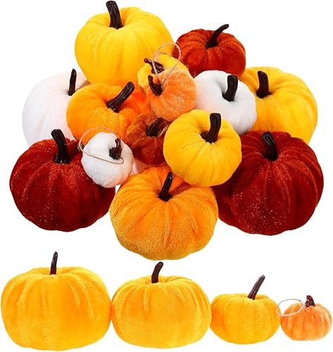 Miniatura 1 de Preboun 16 calabazas de terciopelo para decorar 4 tamaños, calabazas artificiales de tela de espuma de terciopelo sintético, decoración para casa de