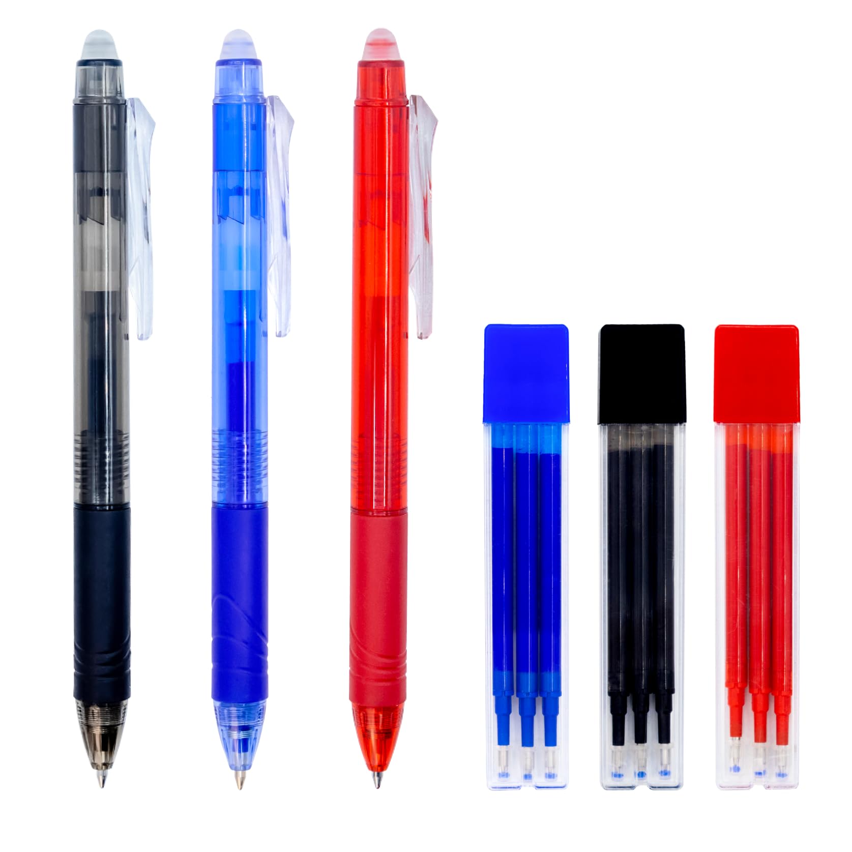 RAYLU PAPER - Erasable Retractable Ballpoint Pen, Gel Ink, Blue Red Black, 1mm Tip and 0.7mm Line (3 Colors + Refills)