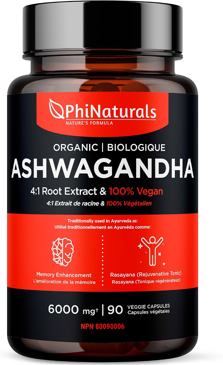 Phi Naturals Ashwagandha Root Capsules Organic 1500mg Per Serving [90 Count] 4:1 Extract Equivalent to 6000 mg Whole Ashwagandha Root Herbal Supplement Vegan Capsules