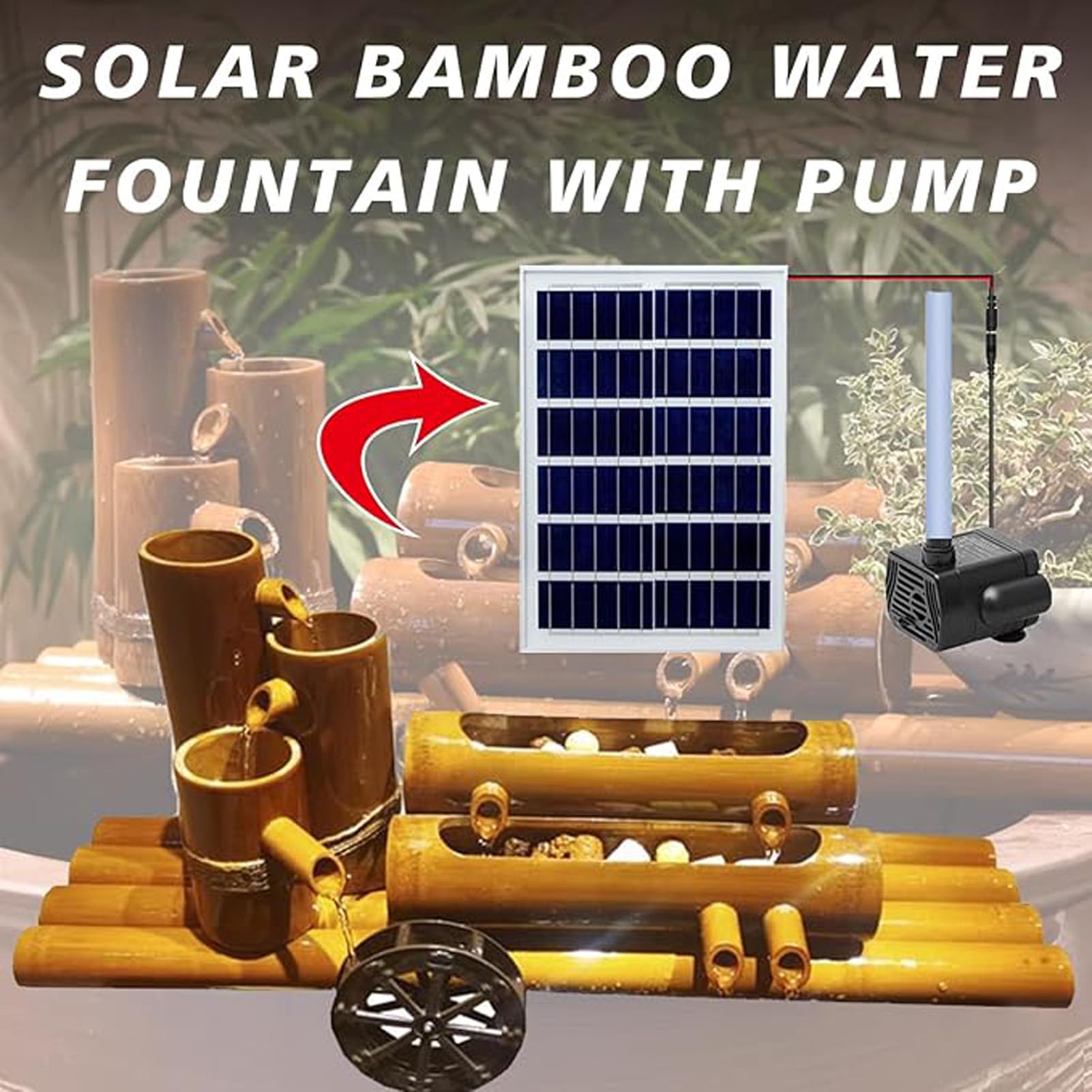 Kit Fontana in bambù, Fontana ad Acqua ad energia Solare con Pompa, Fontana Zen per Interni o Esterni, Effetto Acqua Corrente, per laghetto, Vasca in Pietra, Prato, Giardino, Cortile