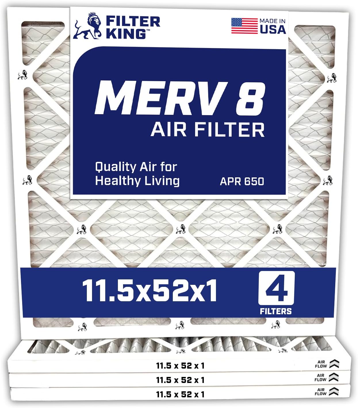 Filter King 11.5x52x1 Air Filter | 4-PACK | MERV 8 HVAC Pleated A/C Furnace Filters | MADE IN USA | Actual Size: 11.5 x 52 x .75"