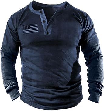 Mens Vintage Henley Shirts Relaxed Fit Patriotic Shirts Long Sleeve Button Down T-Shirts