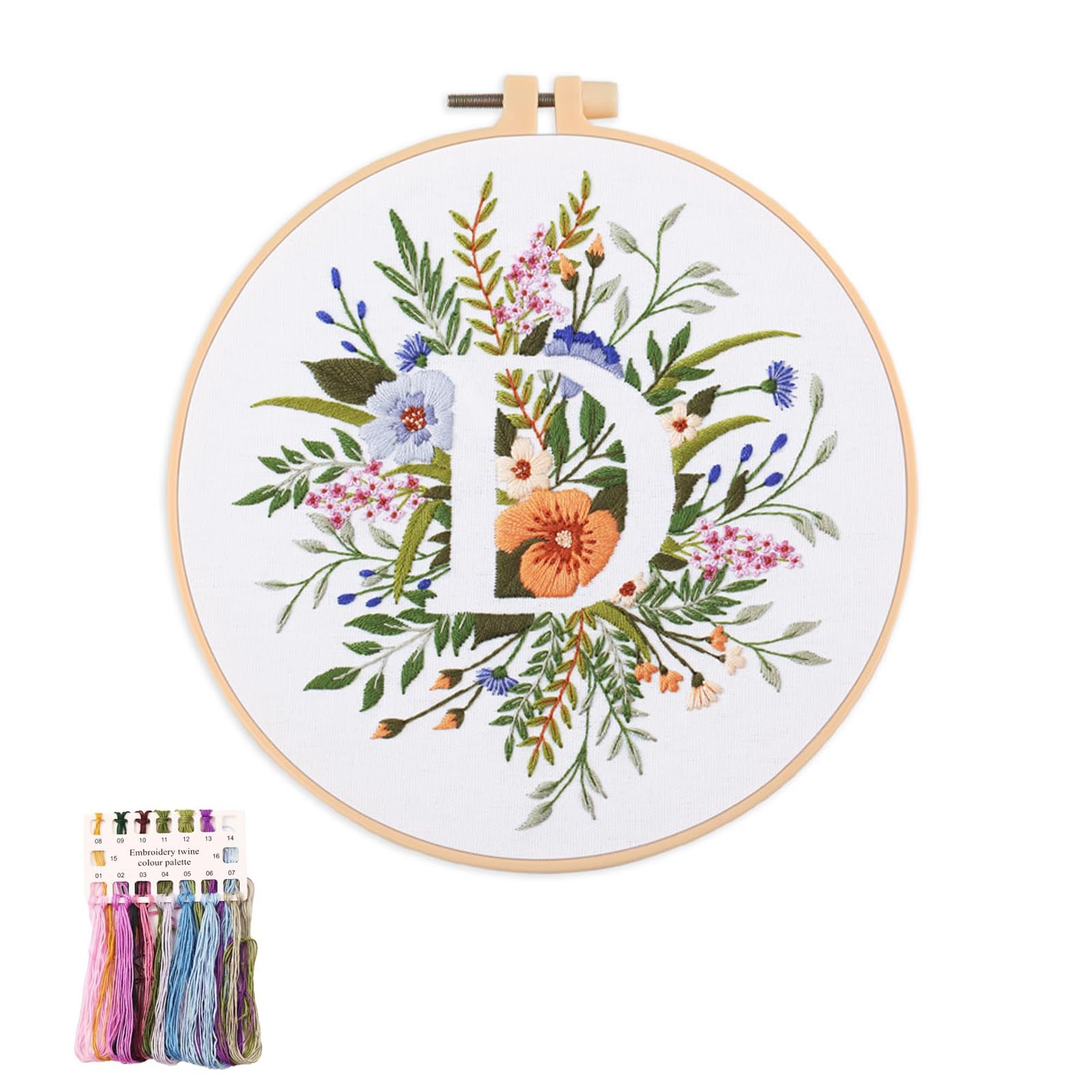 artcici Embroidery Kits Plant Flower Leaf English Letter Patterns for Beginners Adults, Full Range Embroidery Starter Kits Cross Stitch Needlework Supplies (Letter D)