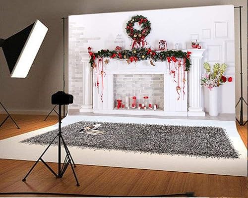 Miniatura 8 de AOFOTO Telón de fondo blanco para chimenea de Navidad de 8 x 8 pies, adornos de Navidad blanco y rojo, velas de corona de Navidad, decoraciones de