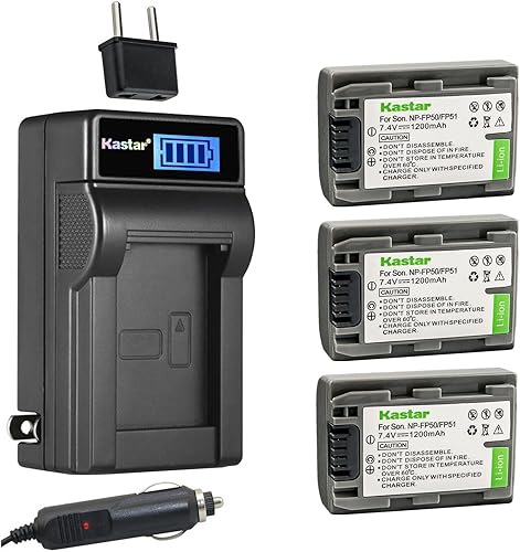 Miniatura 1 de Kastar Paquete de 3 baterías NP-FP50FP51 y cargador de CA LCD compatible con Sony DCR-HC36, DCR-HC39, DCR-HC40, DCR-HC41, DCR-HC42, DCR-HC43,
