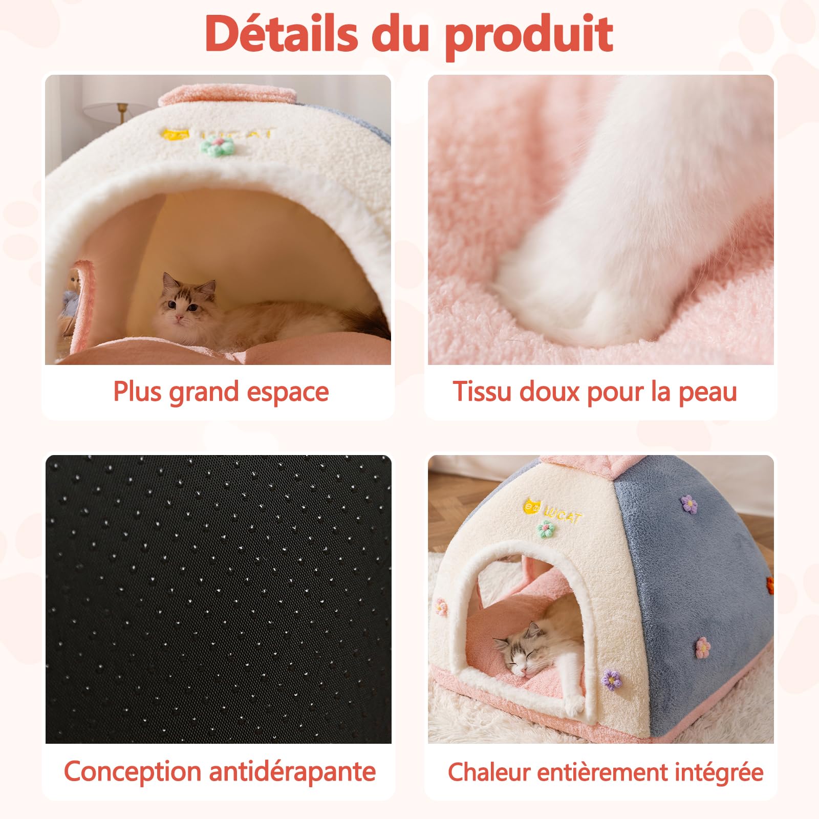 Galatée Niche pour Chat, Lit Douillet Et Douillet pour Chat, Tente Douce avec Coussin Amovible, Panier Douillet pour Chien, Maison pour Animaux De Compagnie pour Chiot, Chaton, Lapin(XL, Rose)