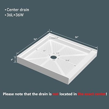 Findepot 36L36W4H SMC Shower Pan For Bathroom, Single Threshold Shower Bases with Non-Slip Textured Surface and Stainless Steel Shower Drain Cover, White