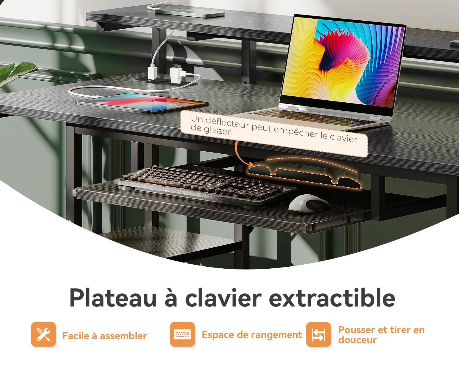 ODK Bureau Avec 4 Tiroirs - Bureau Gaming 140x52cm Avec Prises USB Et Étagères Réglables - Noir