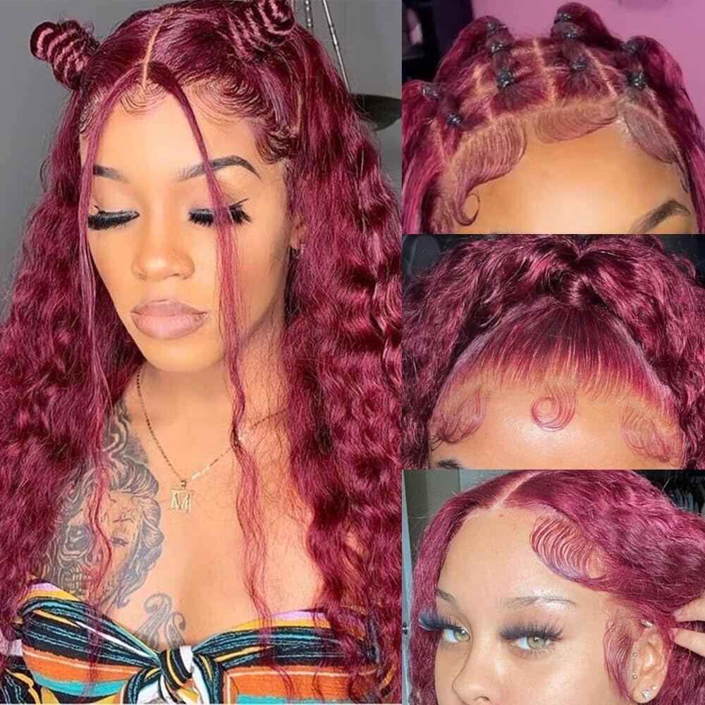 Larhali 99J HD Lace Front Wigs Human Hair Pre Plucked 250% Density Burgundy 13x6 Deep Wave Frontal Wigs Natural Hairline Human Hair Wigs for Black Women(24 Inch)