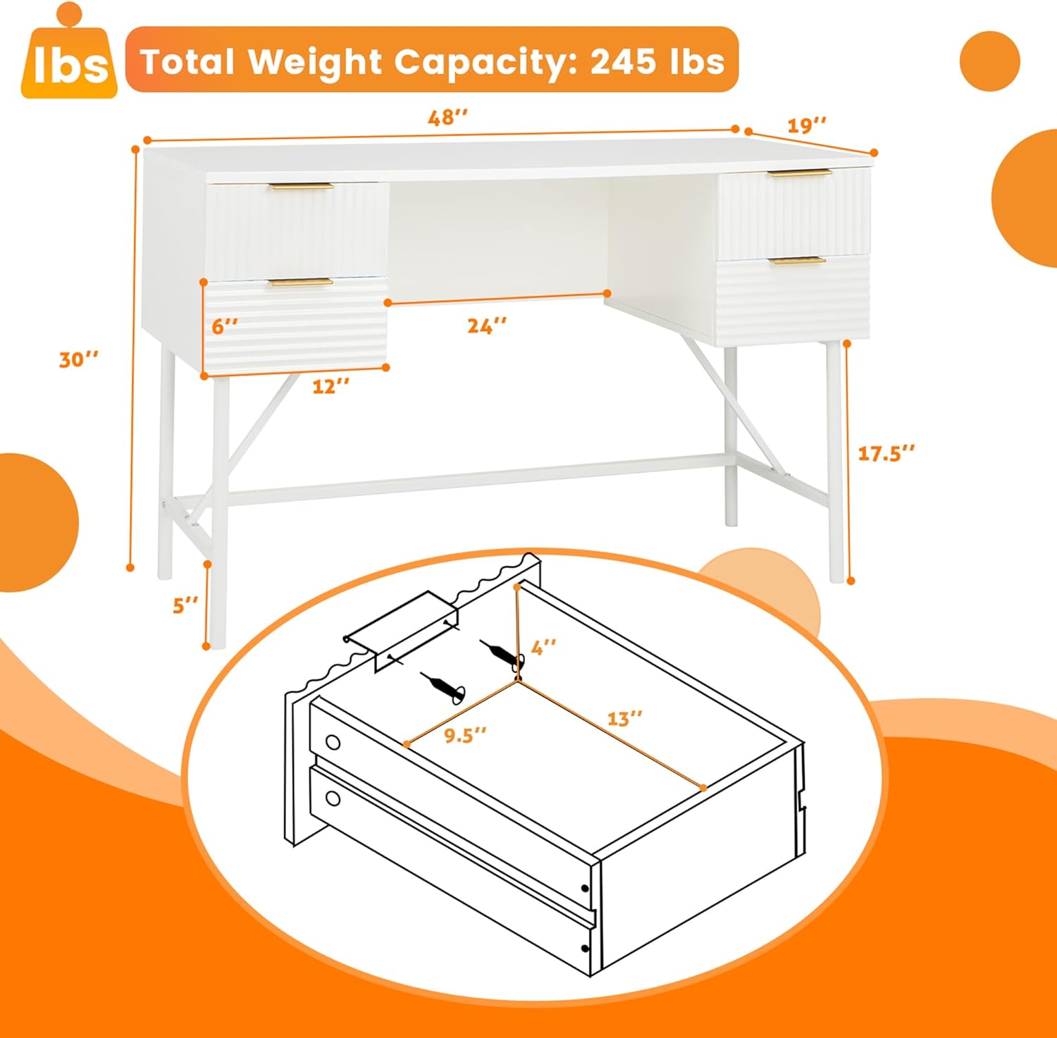 Tangkula White Desk with 4 Drawers, 48 Inch Home Office Desk with Storage, Modern Computer Desk Study Writing Desk with Metal Frame for Bedroom, Study, Office