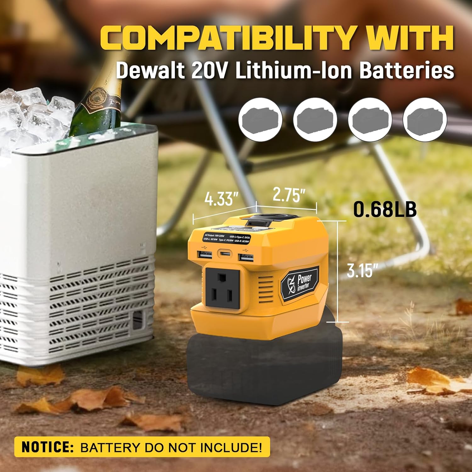 2-Pack 220W Power Inverter Compatible with DeWalt 20V Battery (Battery Not Included), DC 20V to AC 110V Portable Power Station with 1 AC Outlet, 2 USB QC Ports & 1 Type-C PD Port, 400LM LED Work Light