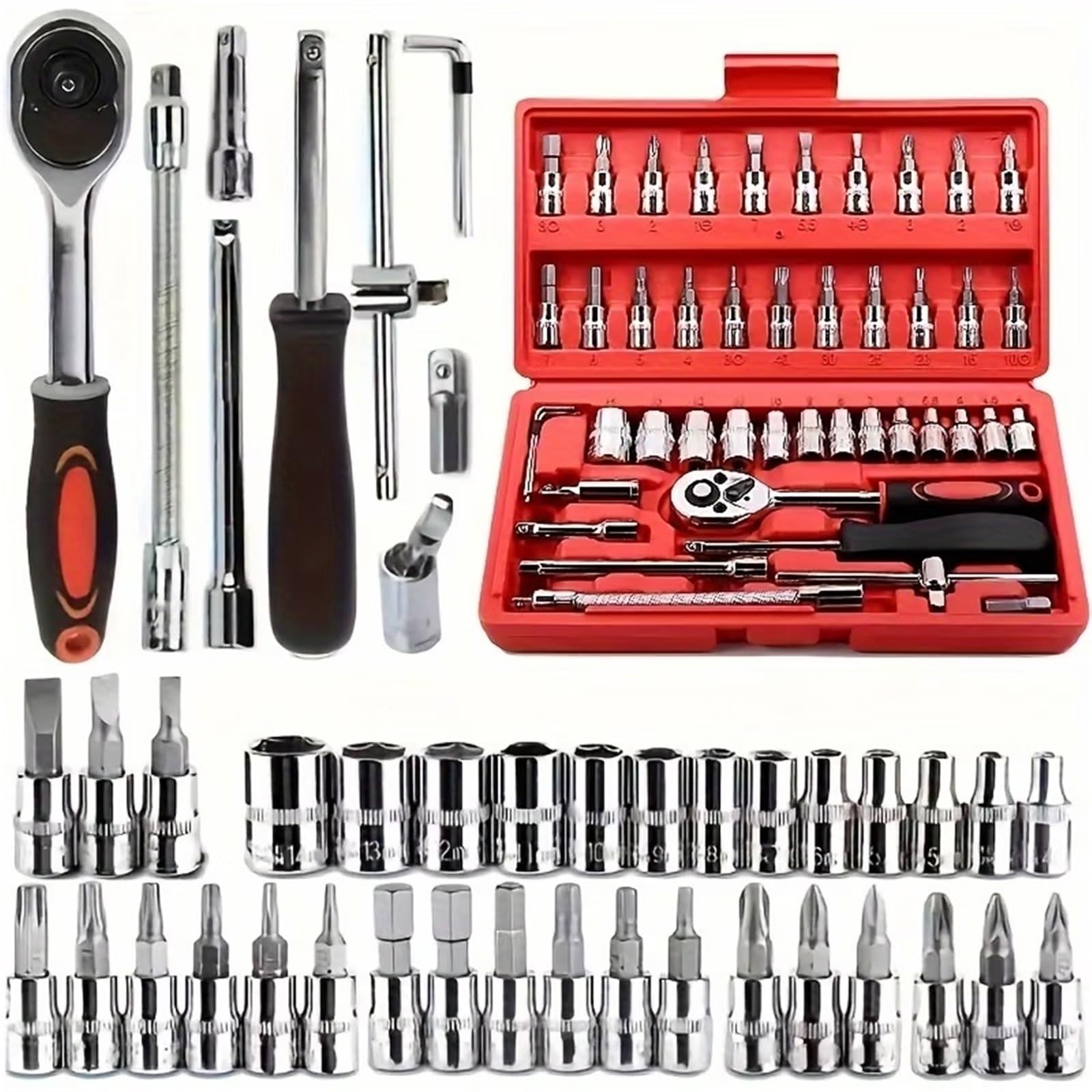 Kauwyehd 46Pcs Socket Red 150/46Pcs Socket Tool Set, Automotive & Motorcycle Repair Includes Ratchet Wrenches Socket Wrench Set(46Pcs Socket Red)