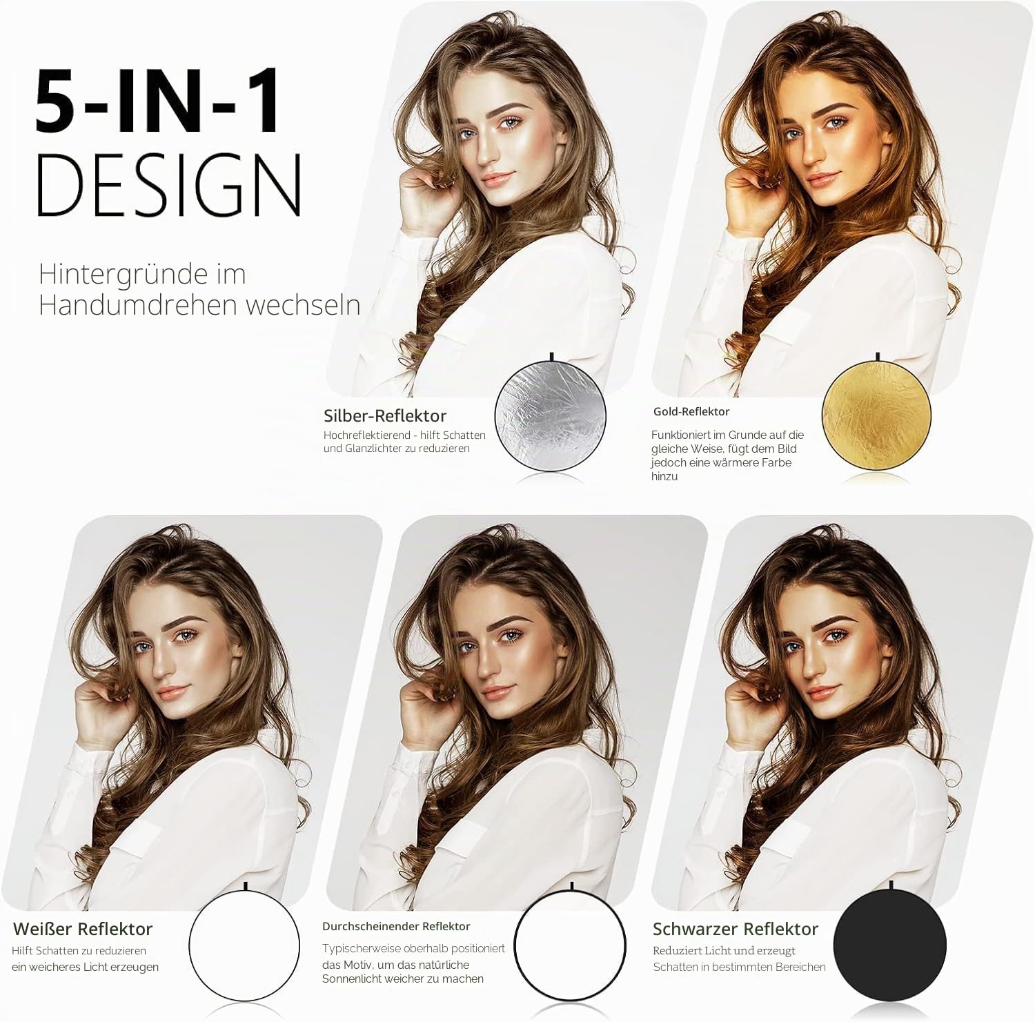 NEEWER 110cm Lichtreflektor Diffusor 5 in 1 Faltbare Multi Disc mit Tasche - Durchscheinend, Silber, Gold, Weiß und Schwarz, Fotoreflektor für Studio Fotografie Beleuchtung im Freien, RF-110