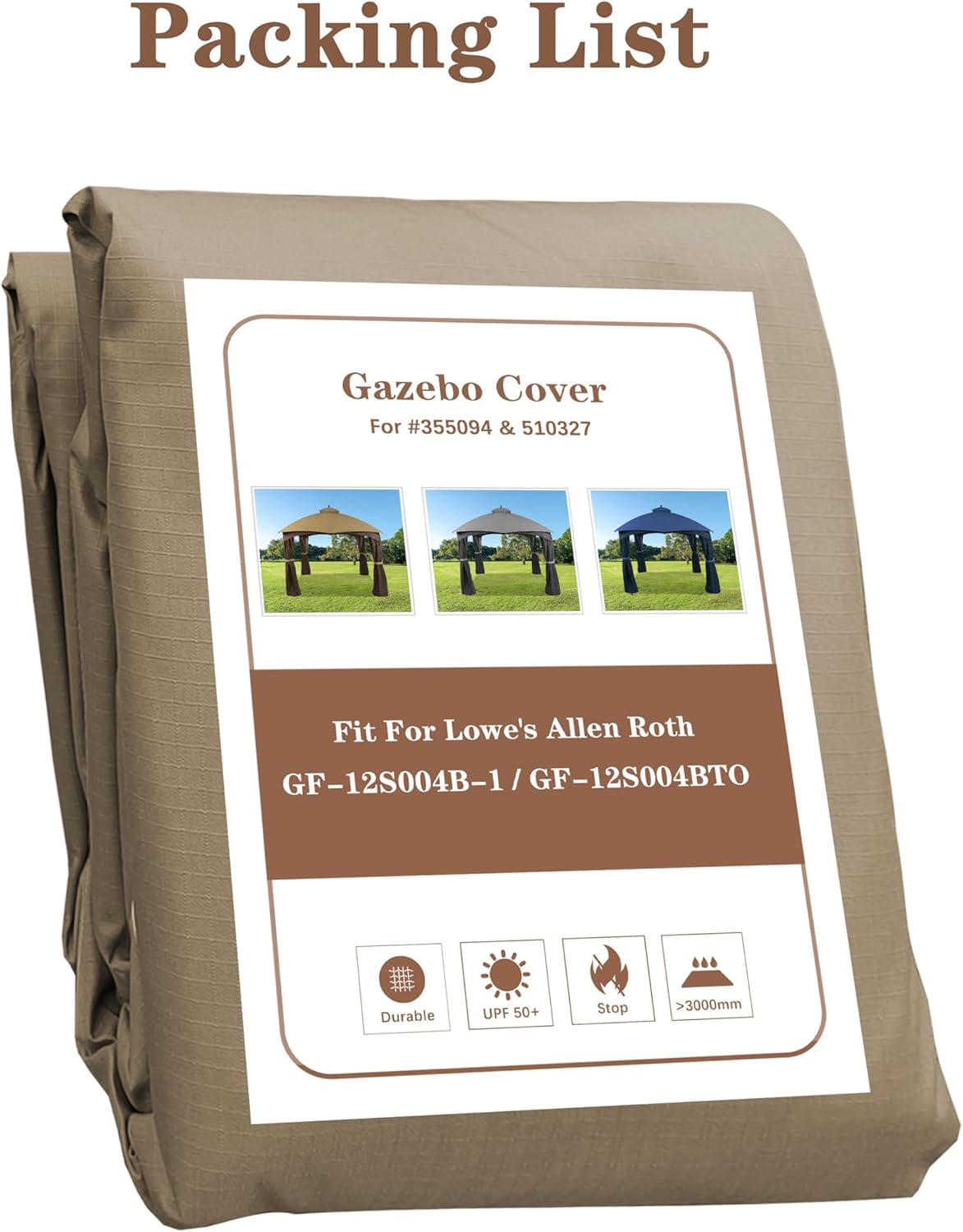 SCOCANOPY Khaki Ripstop Replacement Top Compatible with Lowe's Allen Roth 10X12 Gazebo Model #GF-12S004B-1/ GF-12S004BTO