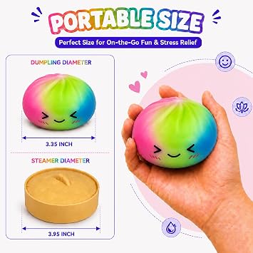 Colorful Squishies Dumplings, Rainbow Dumpling Squishies, Cute Stress Ball with Steamer Box, Soft Squeeze Desk Toy, Washable Fidget Sensory Toy