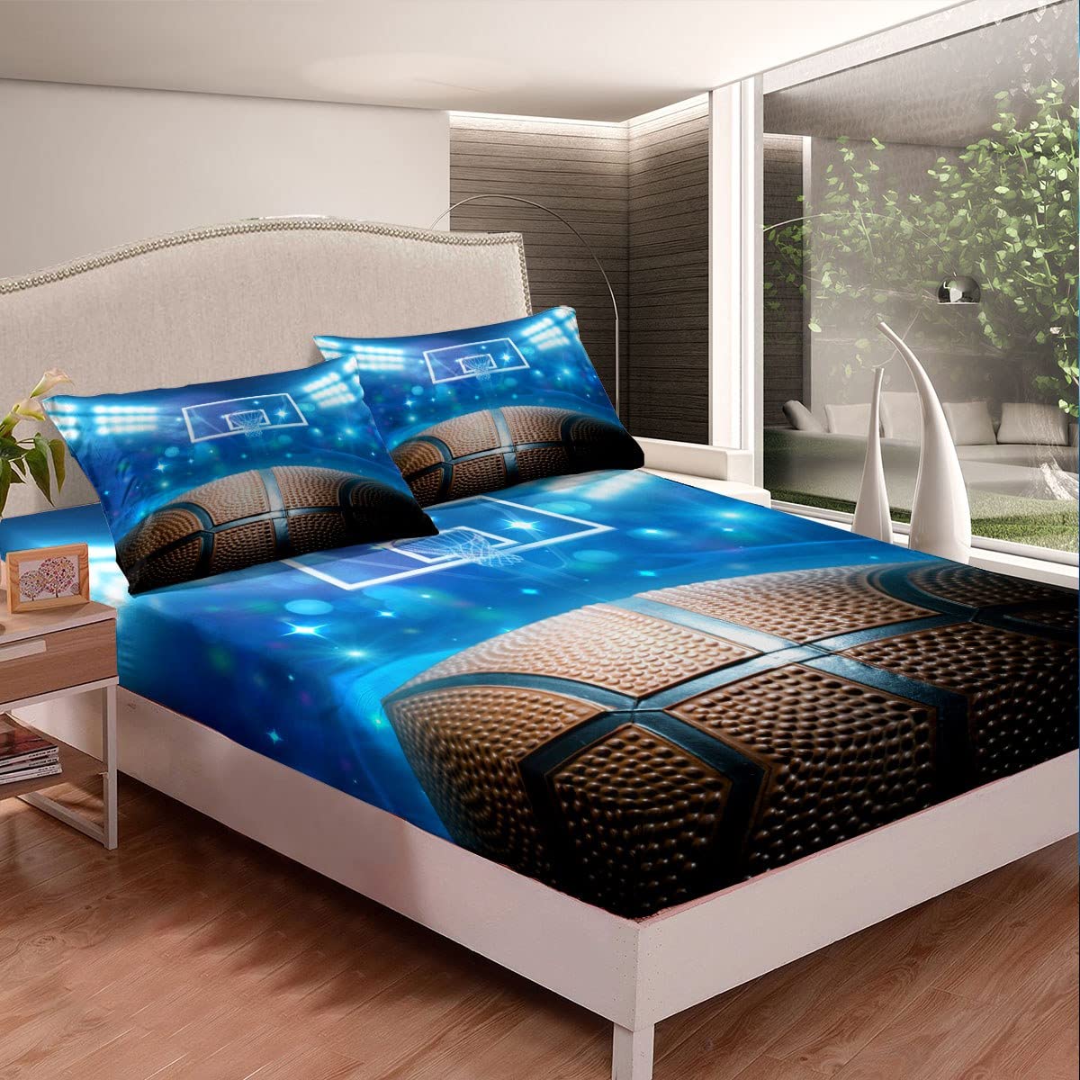 Set di lenzuola per bambini con letto matrimoniale da basket per ragazzi e ragazze, morbido set di biancheria da letto a tema sportivo (lenzuolo con angoli con tasca profonda + 2 federe