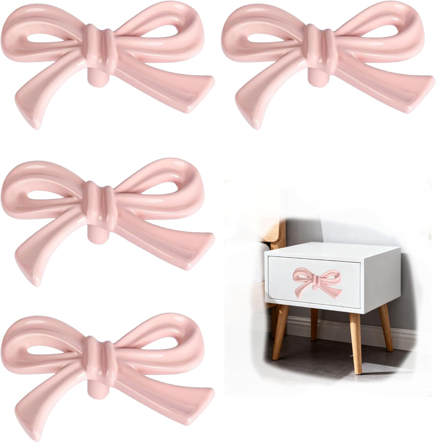 4 Pcs Vintage Bow-Shaped Dresser Knobs Solid zinc Alloy Pink Decorative Drawer Pull Handles for Girls Bedroom Nursery Room Desk Wardrobe TV Cabinet & Bookcase (Pink-4)