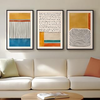 Cuspin 3-Piece Framed Abstract Wall Art Canvas Prints, Mid-Century Modern Colorful Yellow Block Lines, 16x24 for Living Room Bedroom Hallway Decor