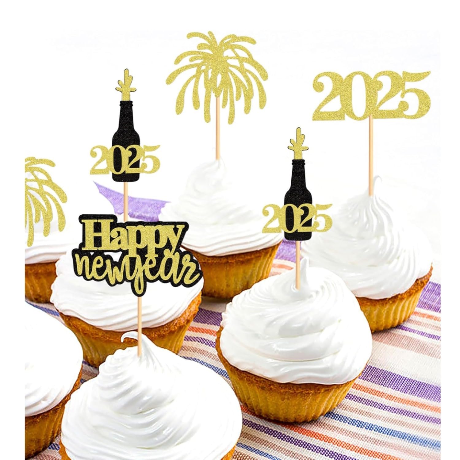24 Decorazioni Per Cupcake Happy New Year 2025 - Oro Glitterato - Topper In Carta Per Torte E Dessert - Festa Capodanno