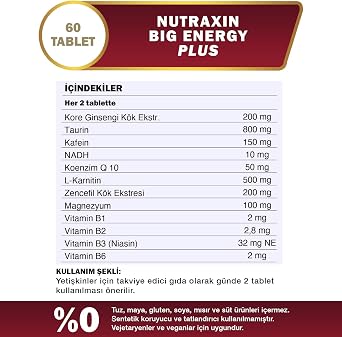 Nutraxin Big Energy Plus 60 Tablet - Panax Ginseng, Taurin, Kafein, NADH, Co-Q10, L-Karnitin, Magnesium