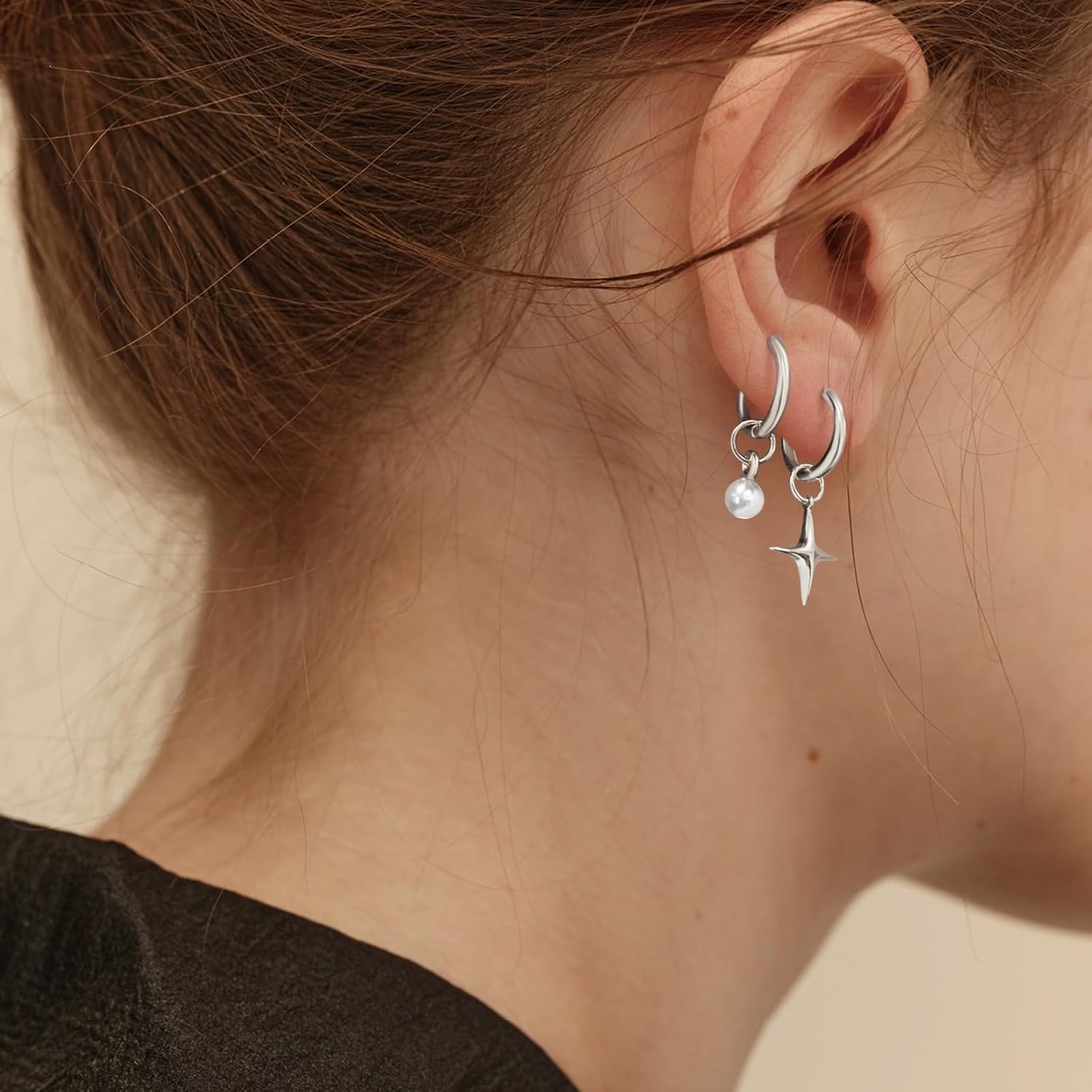 DAILY VIBES Small Gold Star Pearl Drop Dangle Earrings for Women Dainty 925 Sterling Silver Post Asymmetrical Mini 14K Gold Plated Huggie Hoop Earrings for Women - Image 2