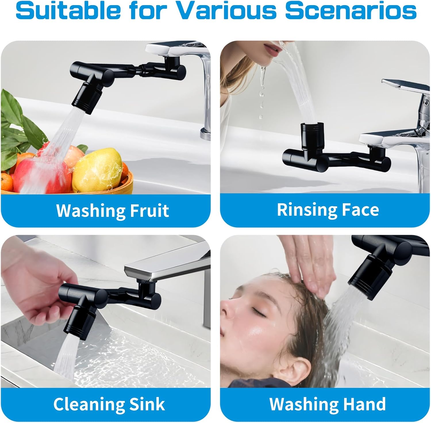 1440° Swivel Faucet Extender with 2 Mode Splash, Retractable Rotating Sink Extension, Universal Swivel Multifunctional Robotic Arm, Sink Water Faucet Aerator Extension for Kitchen Bathroom (Black)