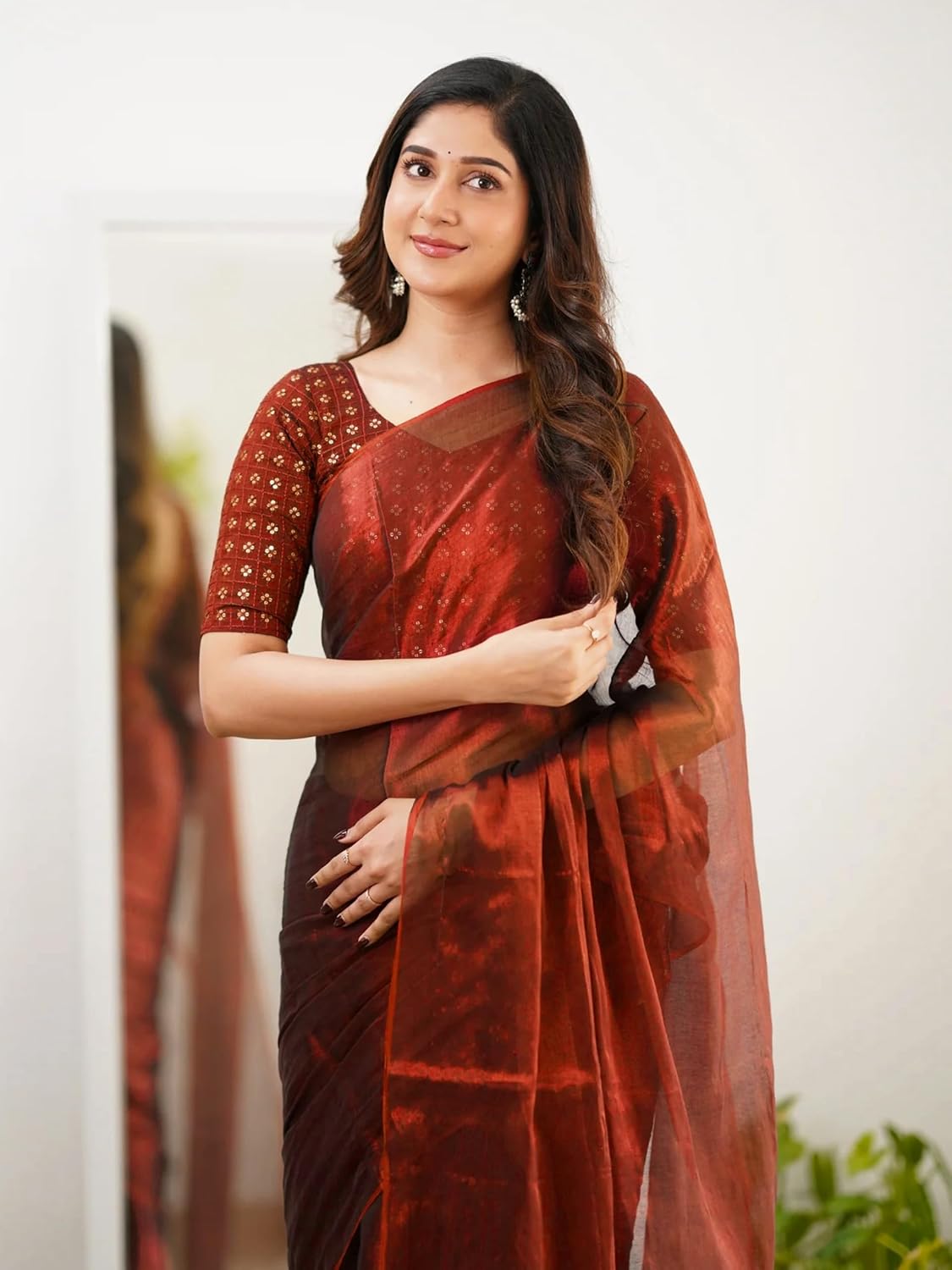 TRENDMALLS Women's Tissue Cotton Handloom Saree with Unstitched Blouse Piece (K1252-Red)