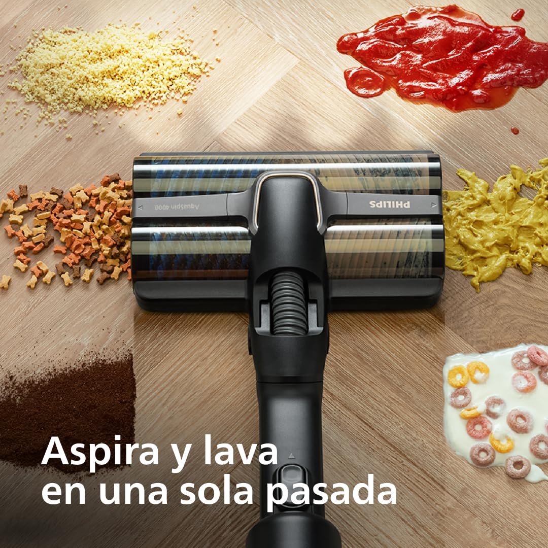 PHILIPS AquaTrio 9000 Aspiradora sin Cable Wet & Dry, Todo en Uno | Aspirador de escoba seco y húmedo, 4000 tr/min, manchas y líquidos, cepillos AquaSpin, sistema de autolimpieza (XW9463/11)