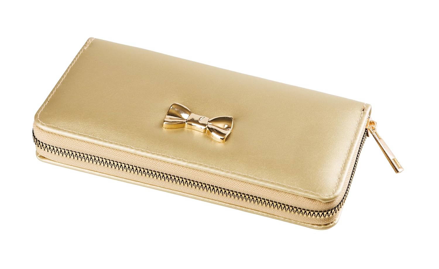THY KALPAVRUKSHA Women’s PU Leather Wallet | Zip Around Clutch Purse with 12 Card Slots, Spacious Compartments & Bow Design | Gift for Women & Girls Secret santa gifts Christmas gifts (Golden)