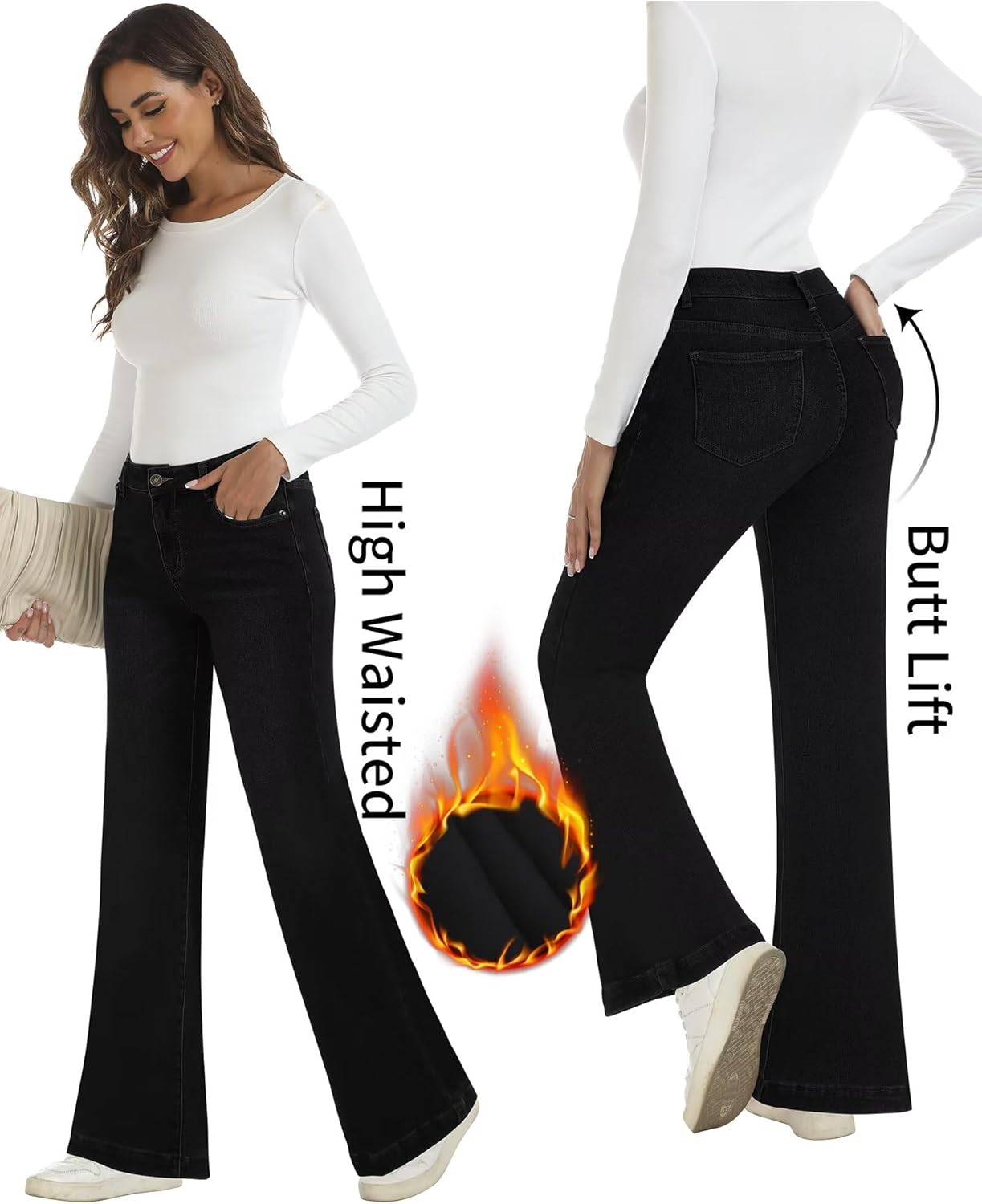 Fleece Lined Jeans Women High Waisted Stretchy Warm Winter Thermal Pants Thick Bell Bottom Wide Leg Jeans Woman - Image 4