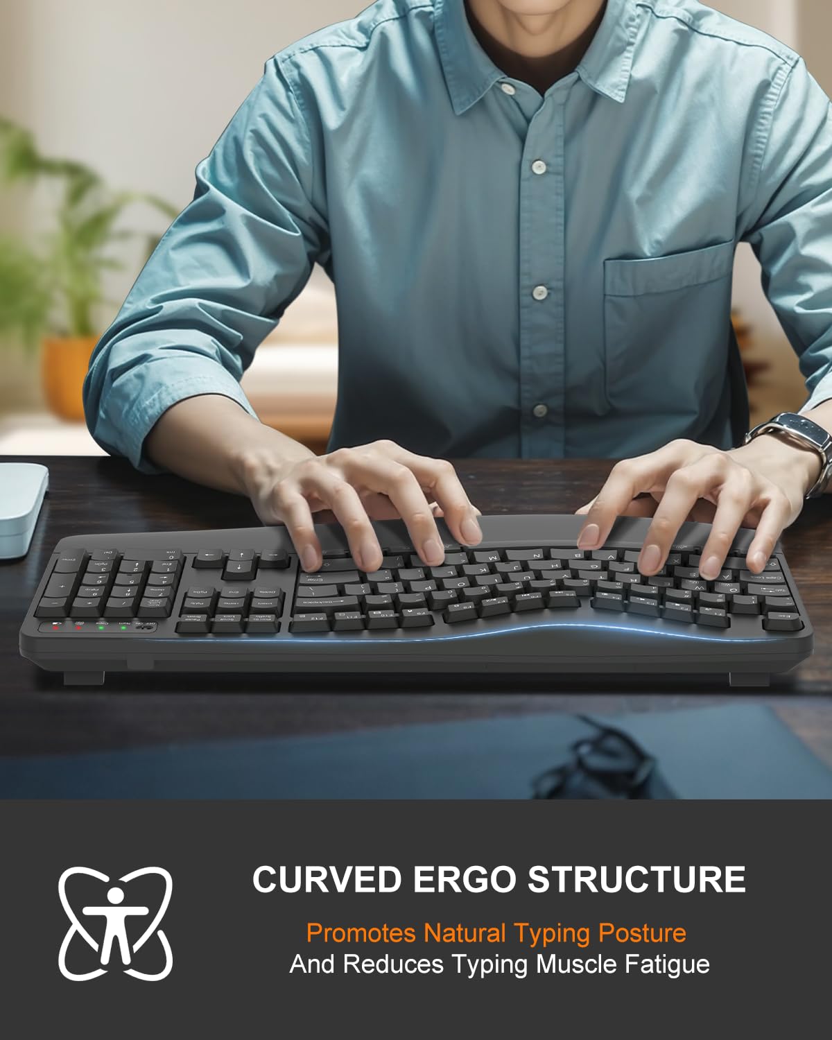 EDJO Tastiera ergonomica senza fili con poggiapolsi, tasti Wave, per mani grandi, 2,4 GHz, tastiera per computer Ergo cordless USB, comoda digitazione naturale, per laptop, Mac, Windows (grigio)