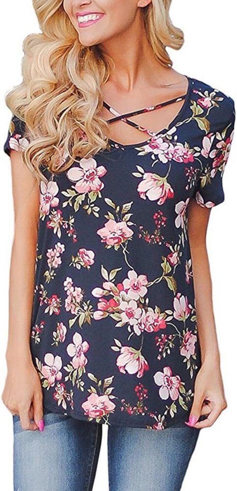 Women's Floral Print Short Sleeve V Neck T-Shirt Blouses