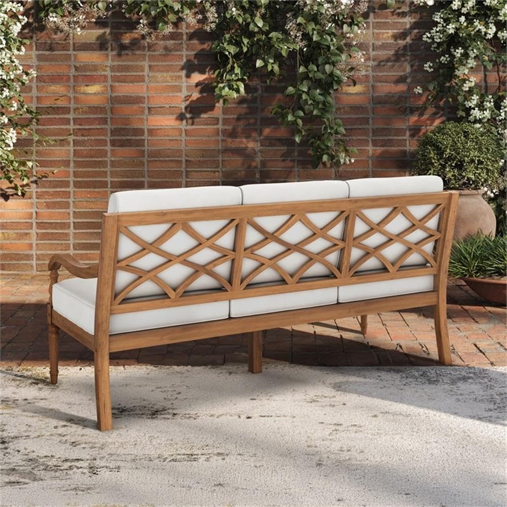 Pemberly Row Traditional Patio Sofa, 75.6" W x 31.5" D x 33.7" H, FSC Certified Acacia Wood Frame, Natural Finish, White Linen Polyester Upholstery, Turned Legs, Comfortable Foam Cushions, Outdoor